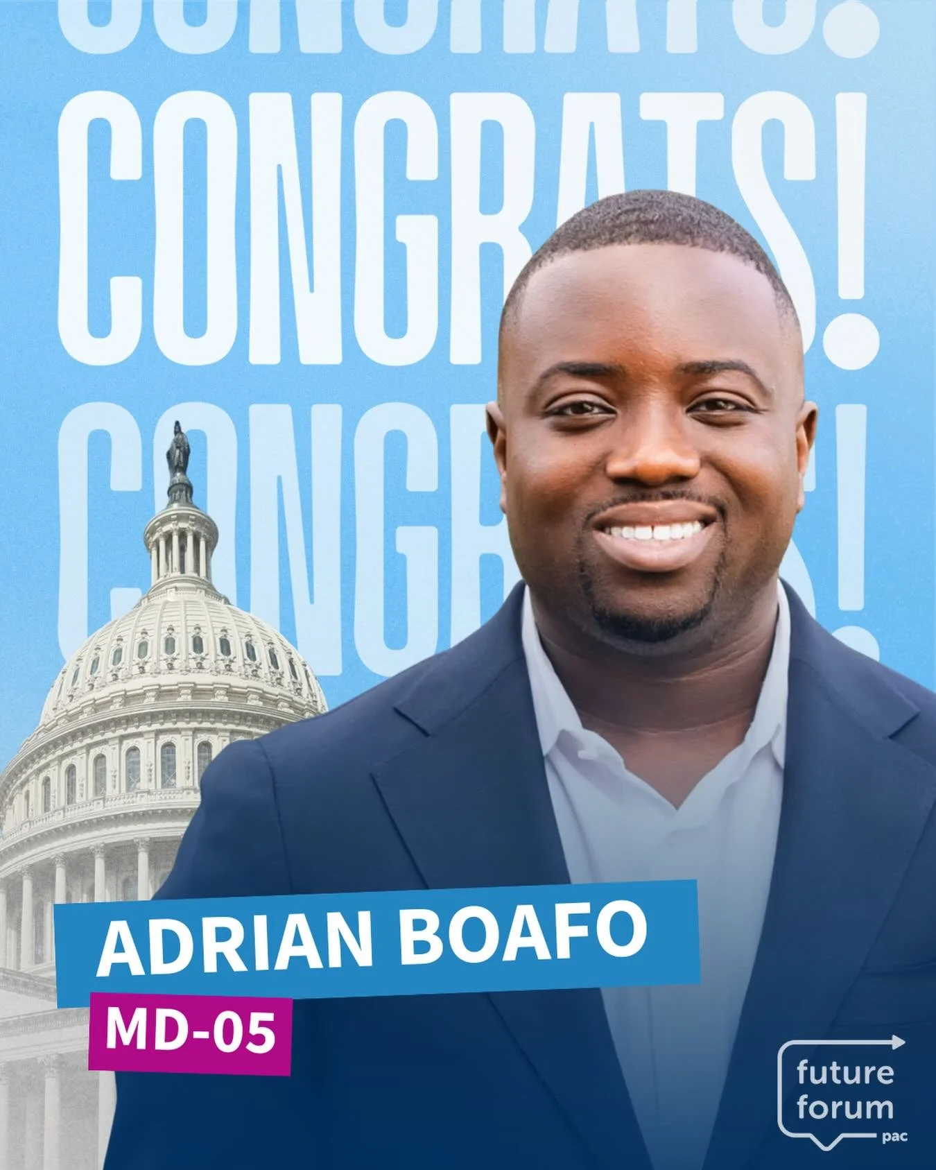 Huge congrats to @adrianboafo on his primary win! 🎉

As one of Maryland&rsquo;s youngest elected leaders, Adrian knows first hand the challenges facing young Americans and has spent his career fighting to fix them.

Now, let&rsquo;s send him to Cong