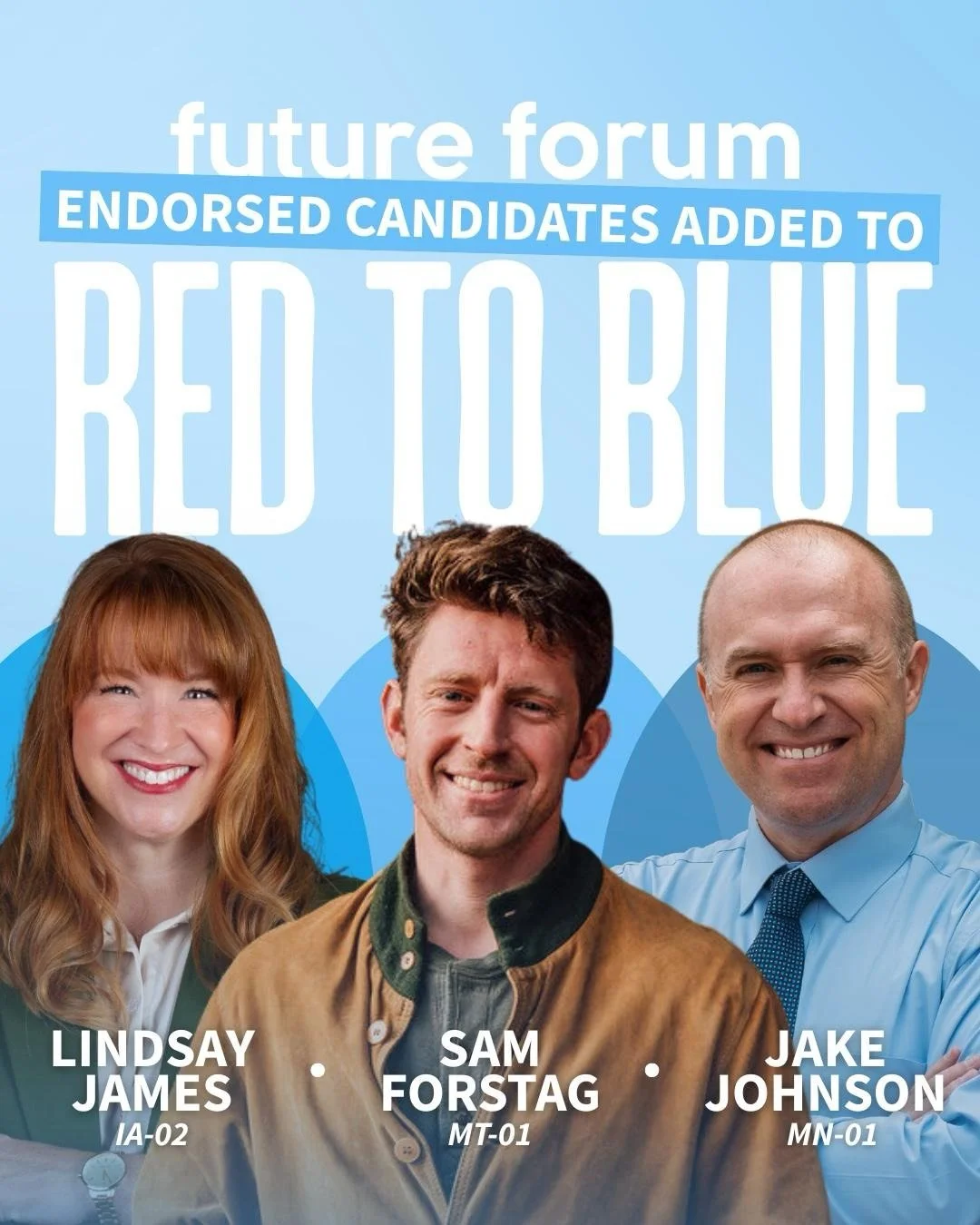 Future Forum endorsed candidates @samforstag, @lindsay4iowa, @jakejohnsonmn have been added to the DCCC&rsquo;s Red to Blue List.

These aren&rsquo;t career politicians. They are smokejumpers, chaplains, and math teachers. They are battle-tested cand