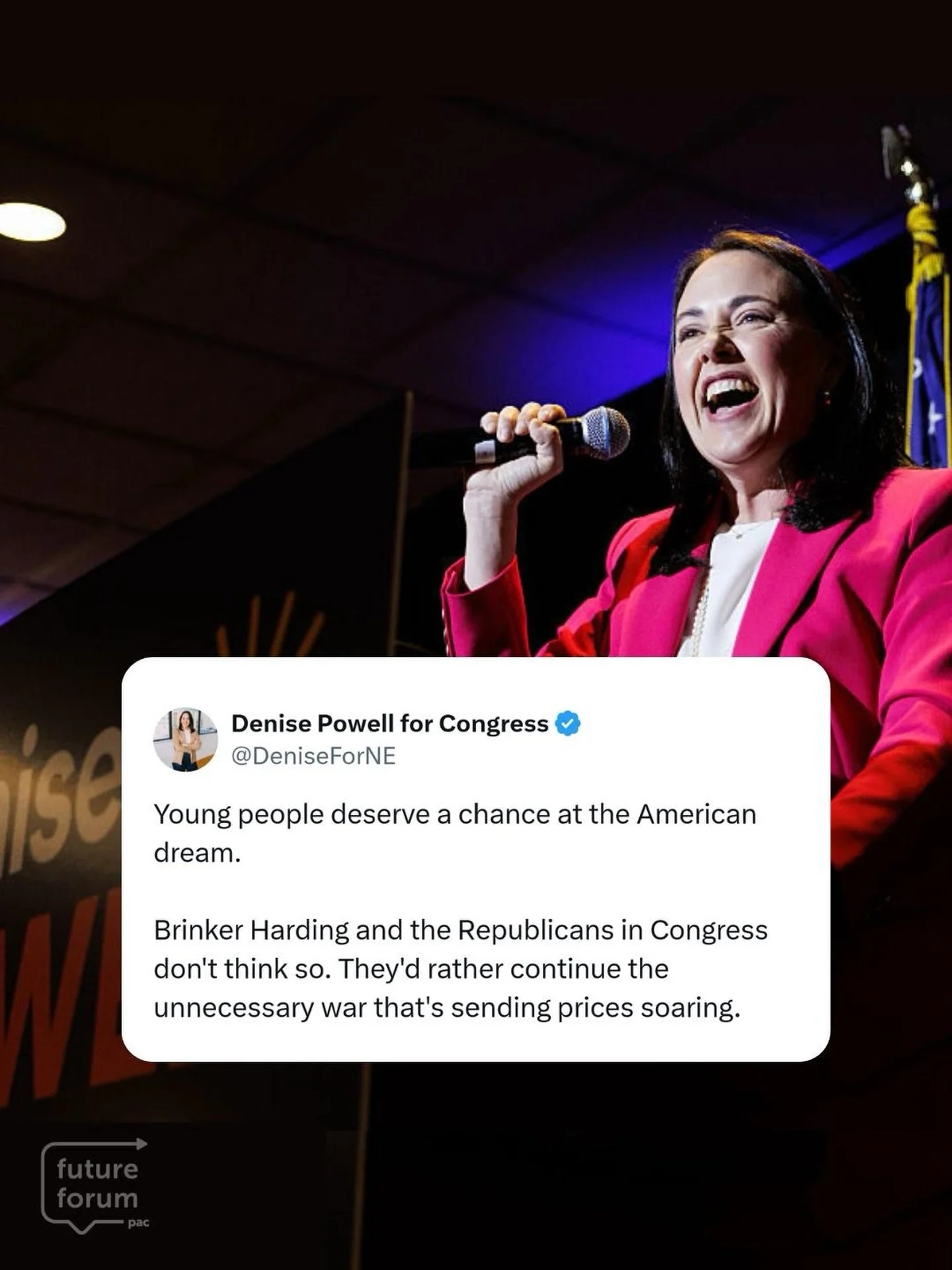 Young people don&rsquo;t need another forever war. 

We need leaders like @deniseforcongress, who are laser focused on bringing down the cost of living and building a better future for our generation.