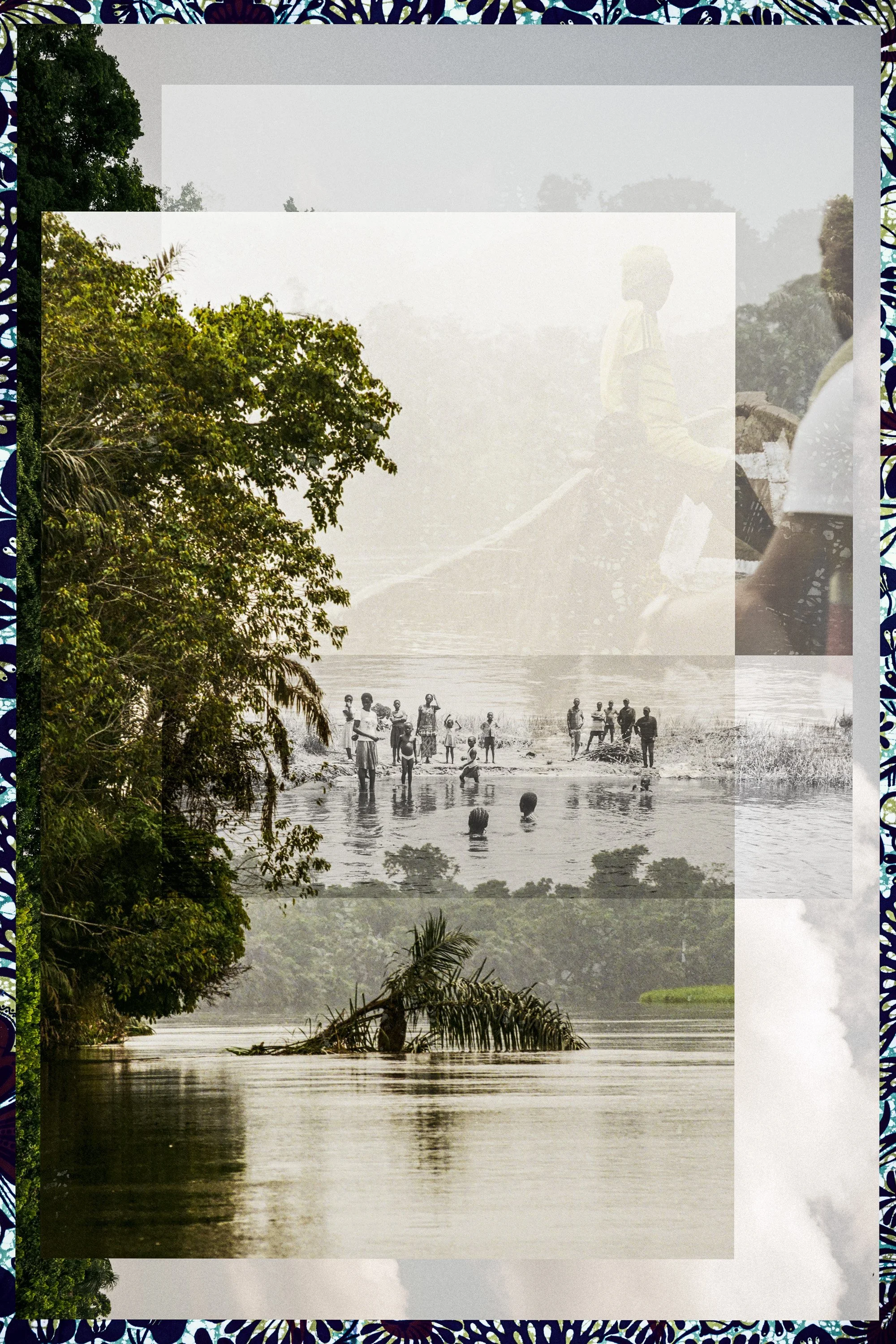A black and white photograph of people standing in a river near the riverbank, with trees and lush jungle vegetation surrounding the water. Some individuals are wading through the water, and the scene appears to be in a tropical or subtropical enviro
