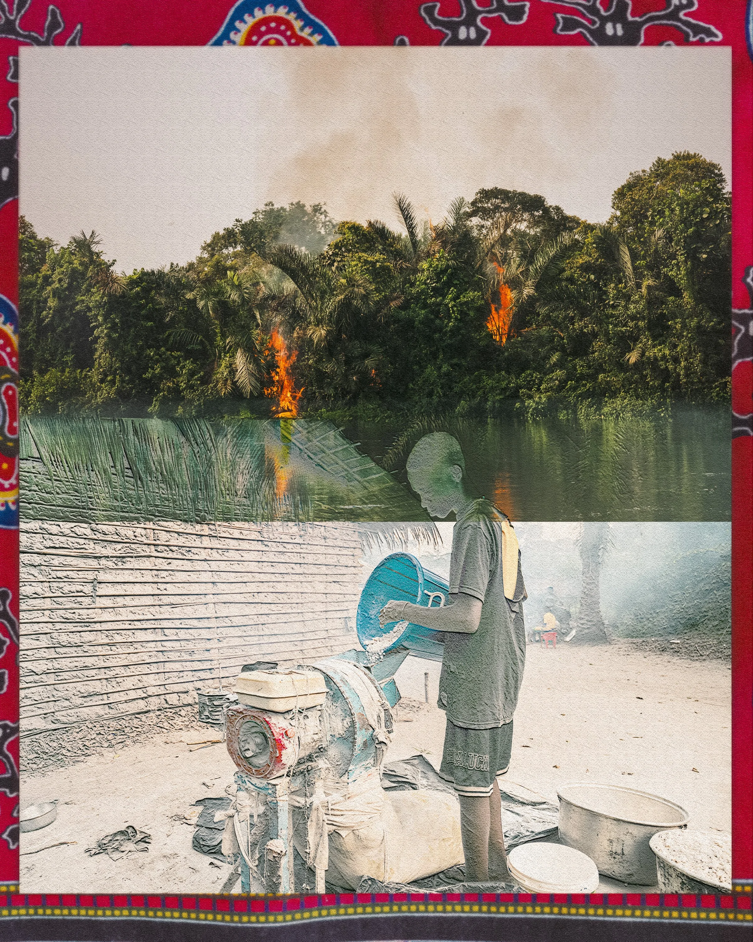 A person standing among pottery and clay objects in an outdoor setting with a background of trees and smoke in the sky.