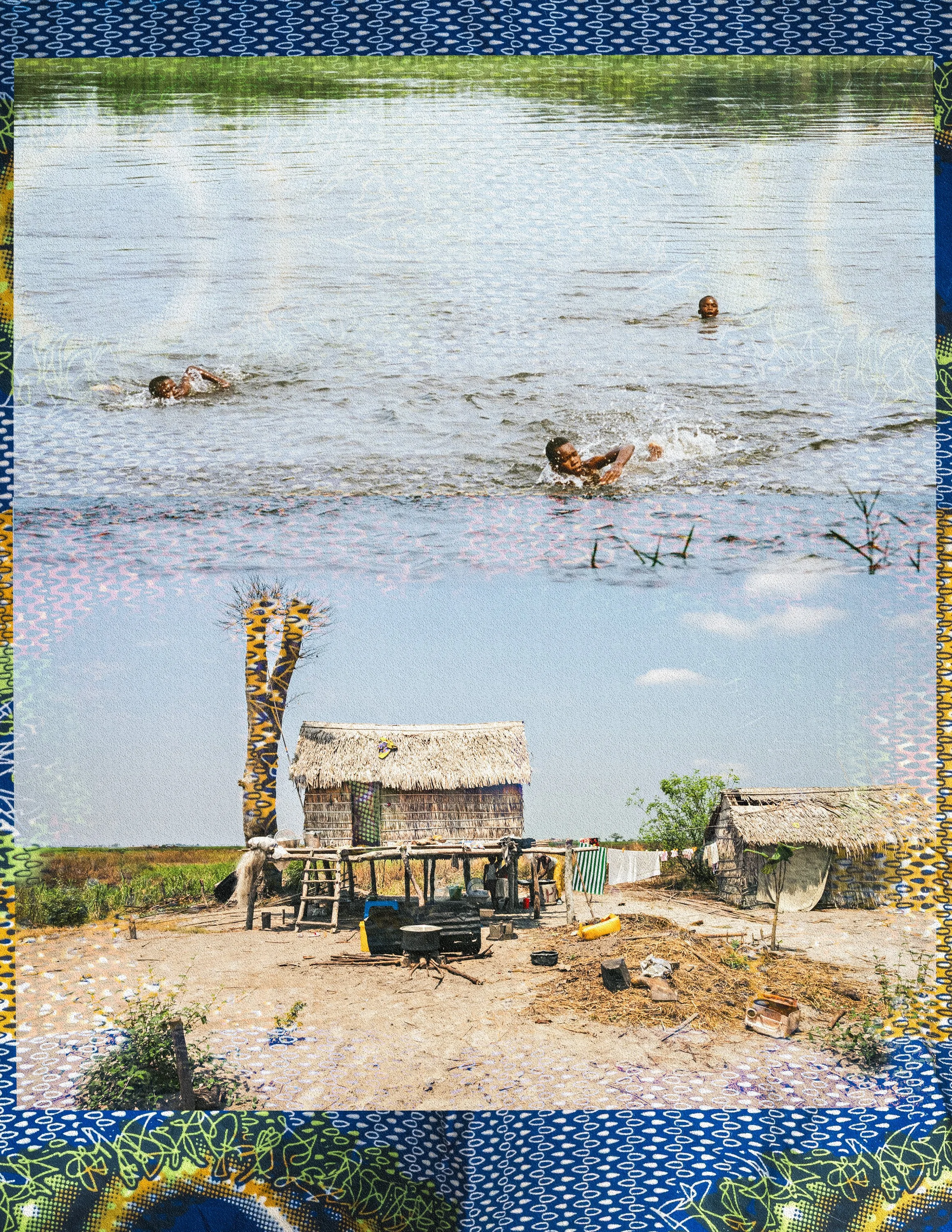 Children swimming and playing in a river or lake near traditional huts in a rural village setting.