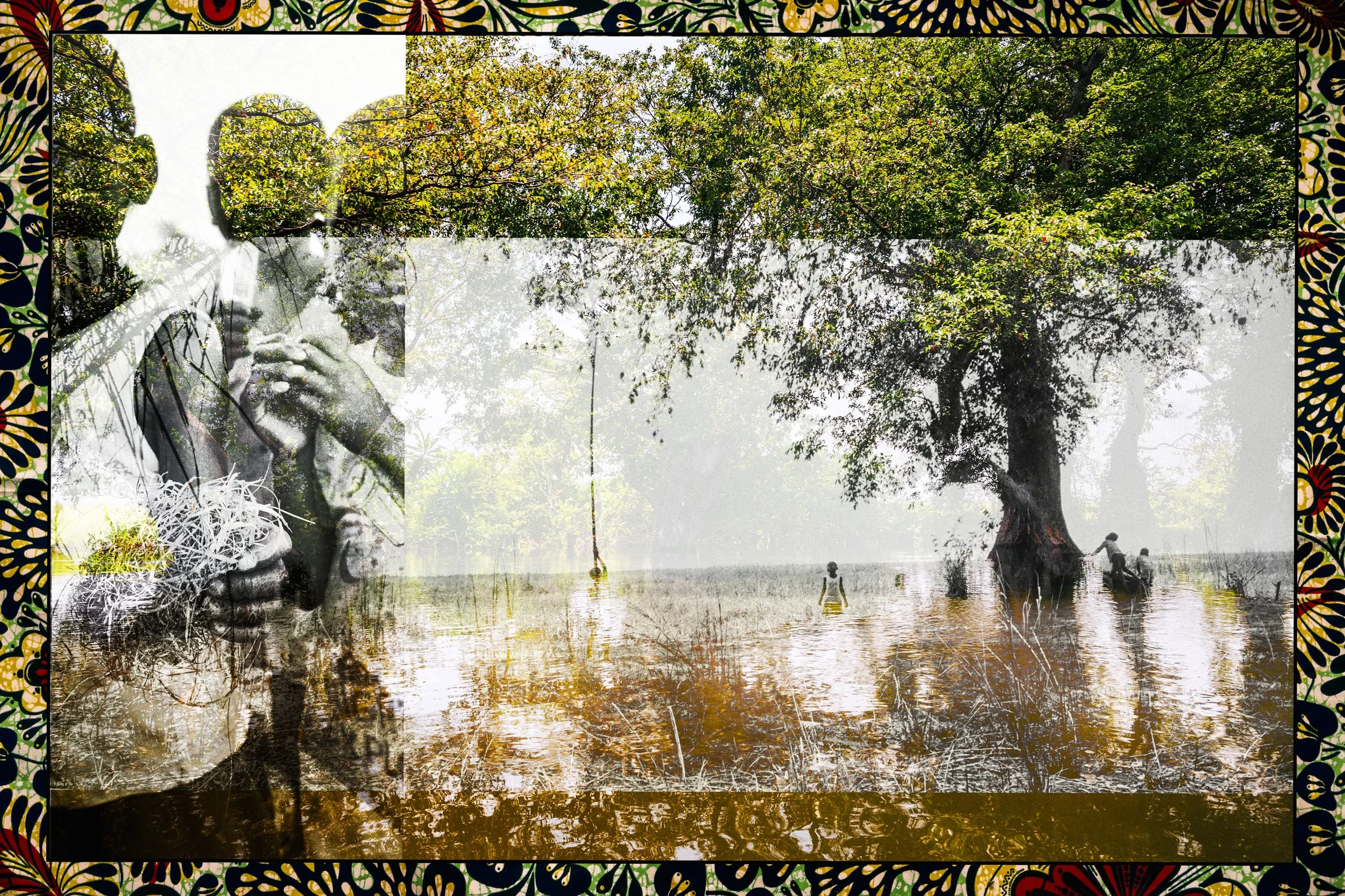A surreal photograph combining a black-and-white faded image of a woman's profile overlaid with a vibrant colored landscape of trees and a river, framed by a decorative floral border.