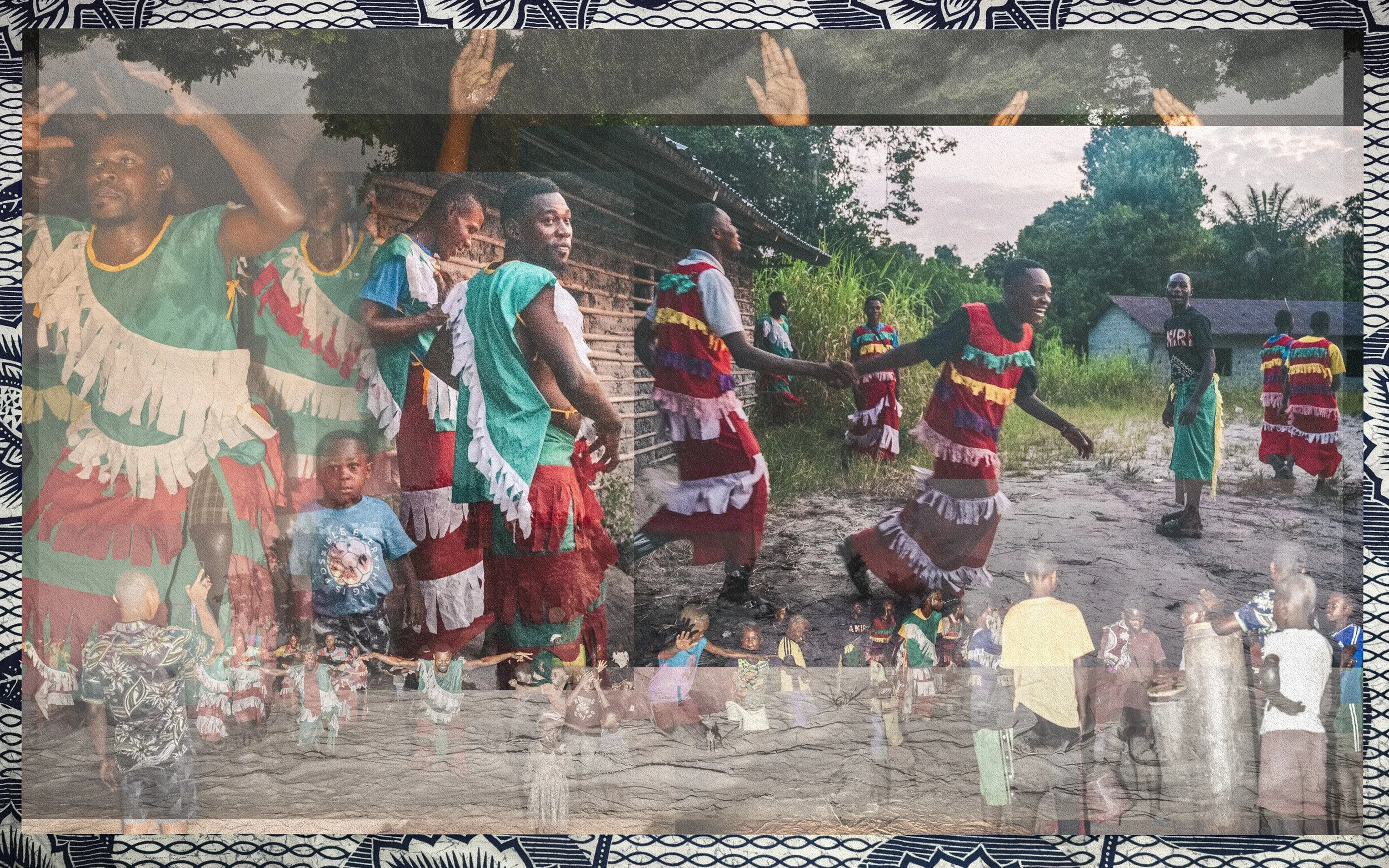 People participate in a traditional dance outdoors, wearing colorful costumes with ruffles, in a rural village setting with wooden houses, trees, and a group of onlookers, during late afternoon or early evening.