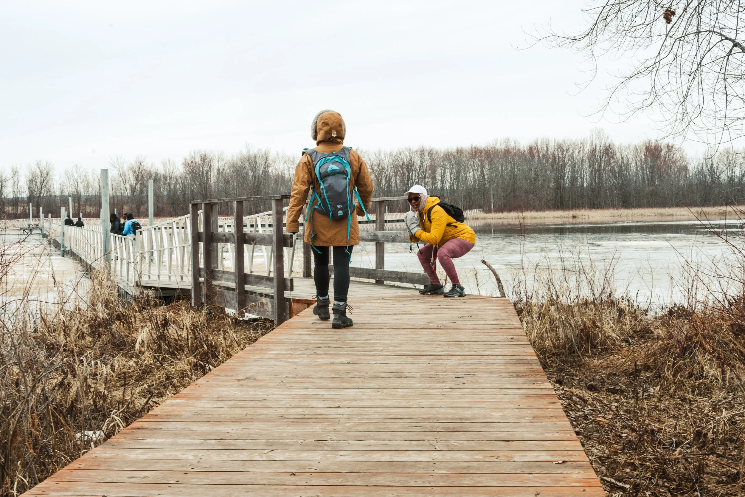 People walking on a wooden dock beside a body of water surrounded by leafless trees, with an overcast sky.