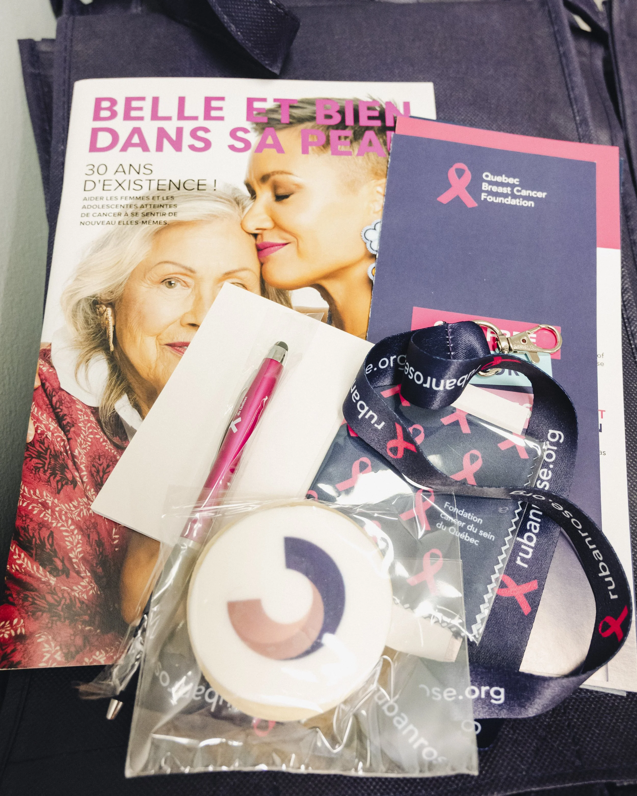 Brochure with a woman and an elderly woman, pink ribbon symbol, Quebec Breast Cancer Foundation card, lanyard, pink pen, Pink ribbon campaign items