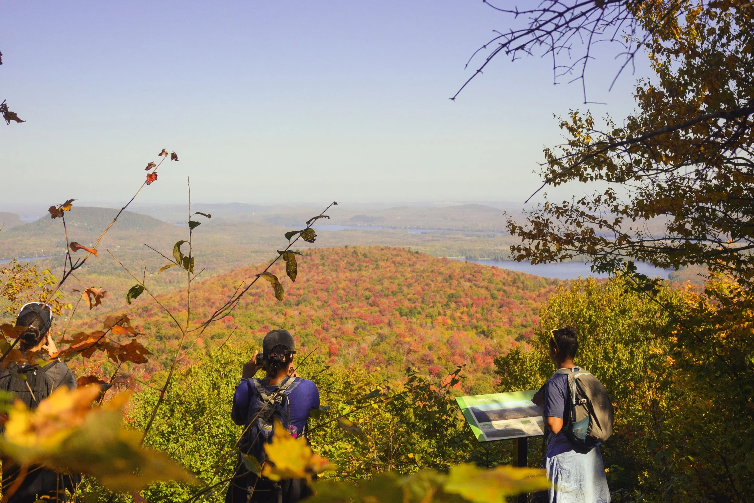Hikers with backpacks and a person taking a photo overlook a colorful autumn landscape with trees, hills, and a river.