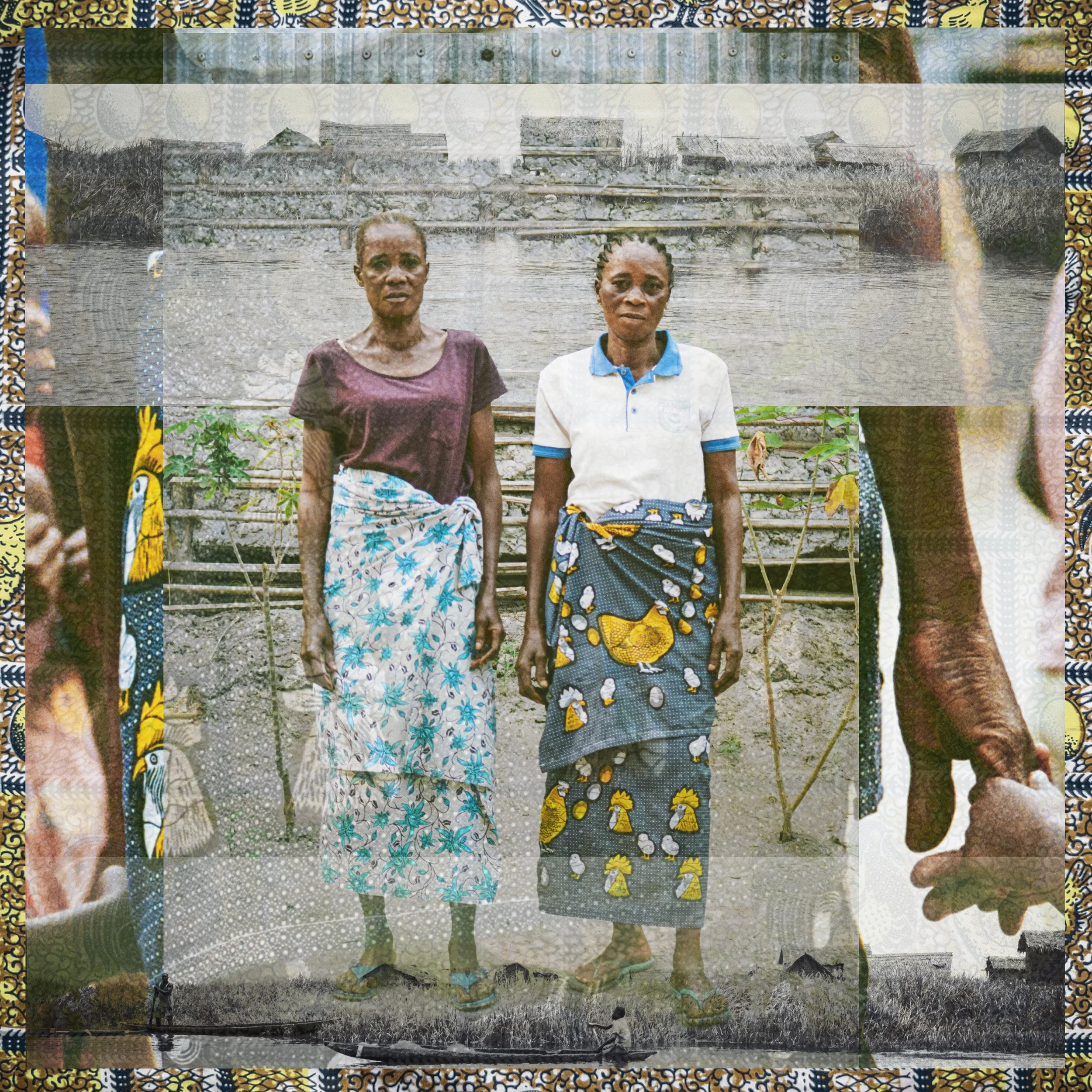Two women stand outdoors near a body of water with a background of wooden buildings and trees. The image has a distorted, layered effect with colorful patterns overlaying the scene.