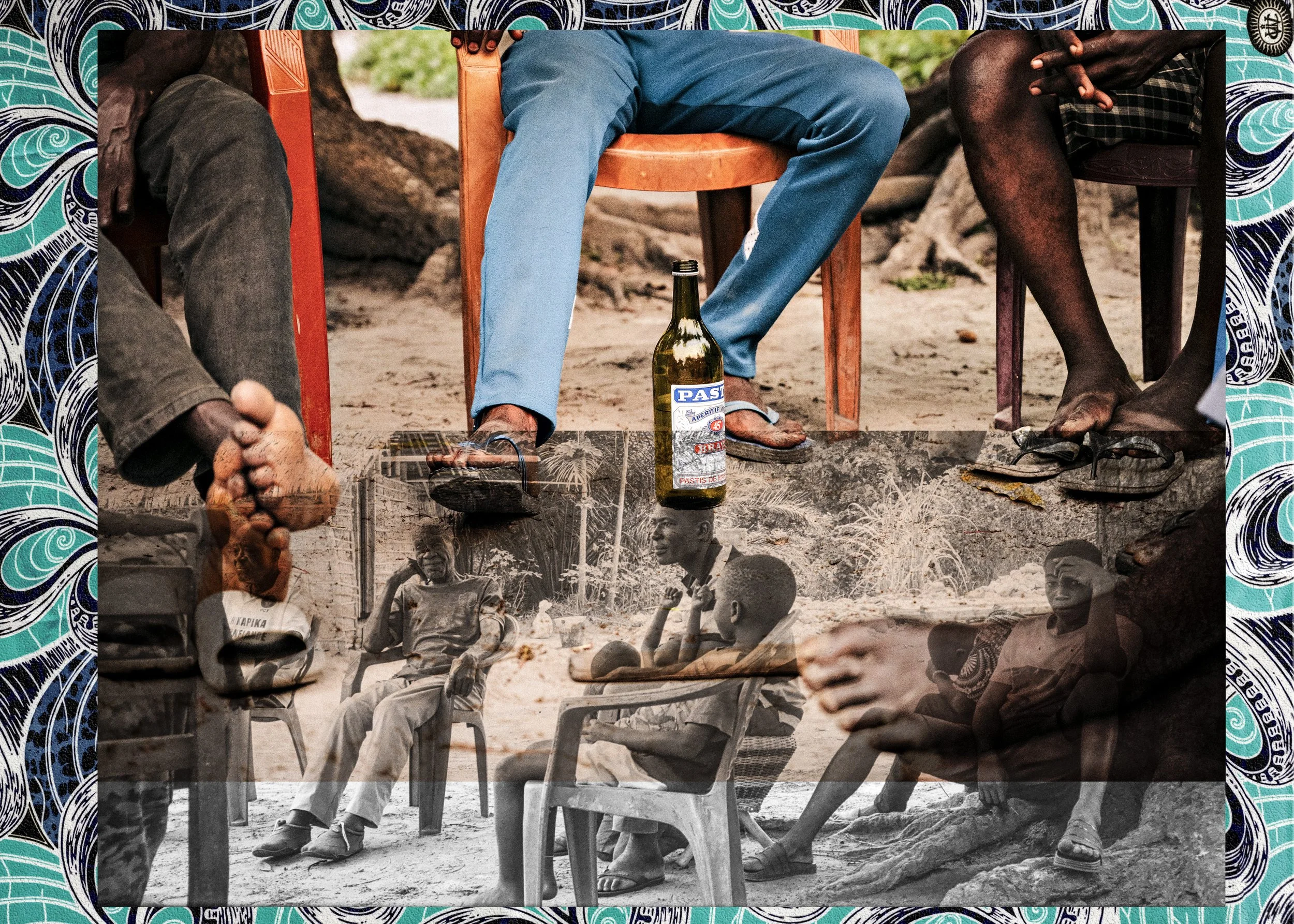 People sitting on plastic chairs outdoors, with a bottle on the ground in front and a photo collage of faces underneath.
