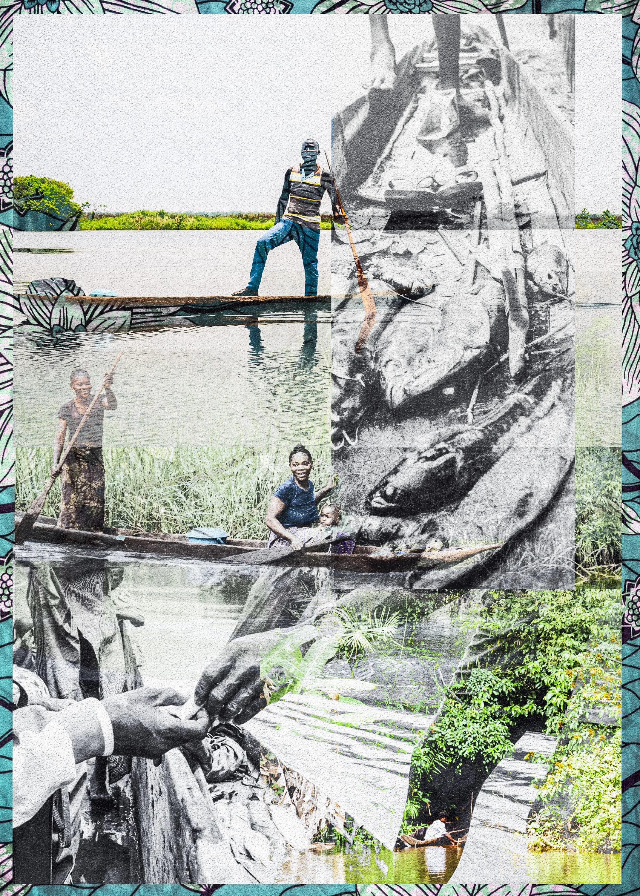 Collage of photos showing people working along a riverbank, using boats and tools, with lush greenery and water, and some images in black and white.