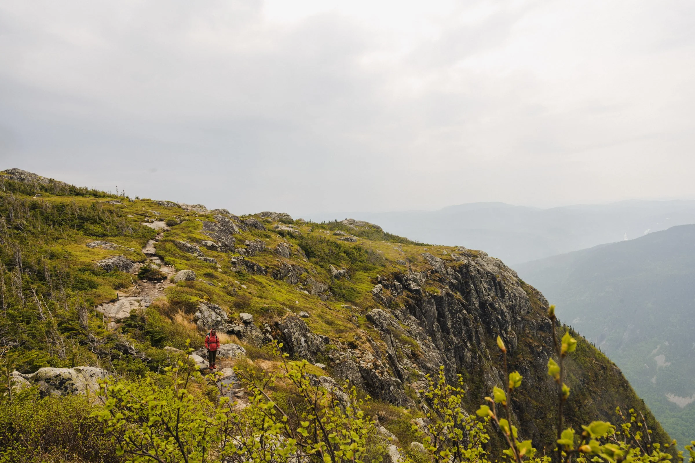 Hiker with red jacket walking along a mountain trail on a rocky, green hillside with sparse trees, under a cloudy sky, mountain range in the background.