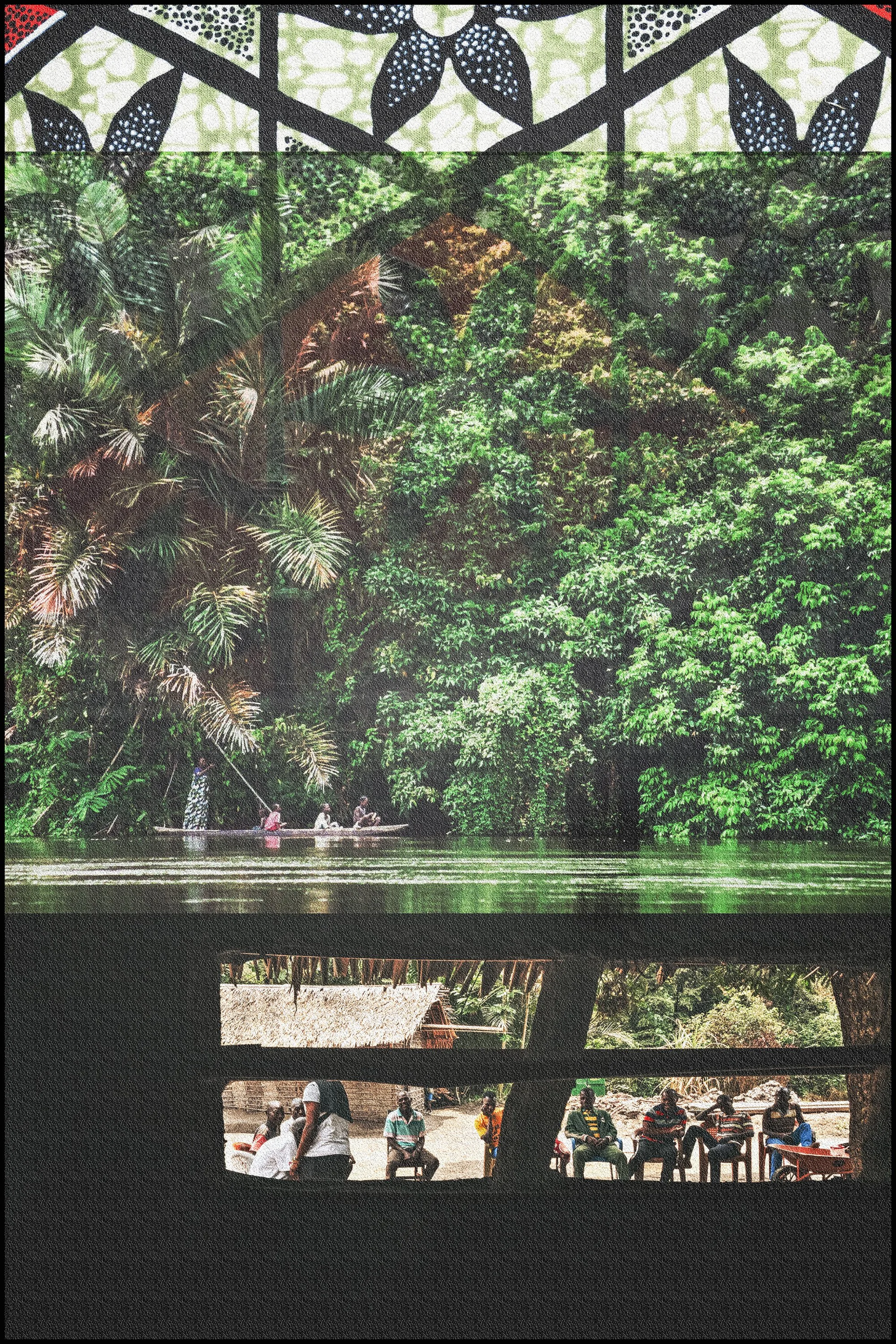 Multiple layers of scenic views: top layer shows lush green canopy of trees with dark leaves, middle layer features a river with people in boats, and lower layer displays a gathering of people sitting on chairs outside, under a wooden structure.