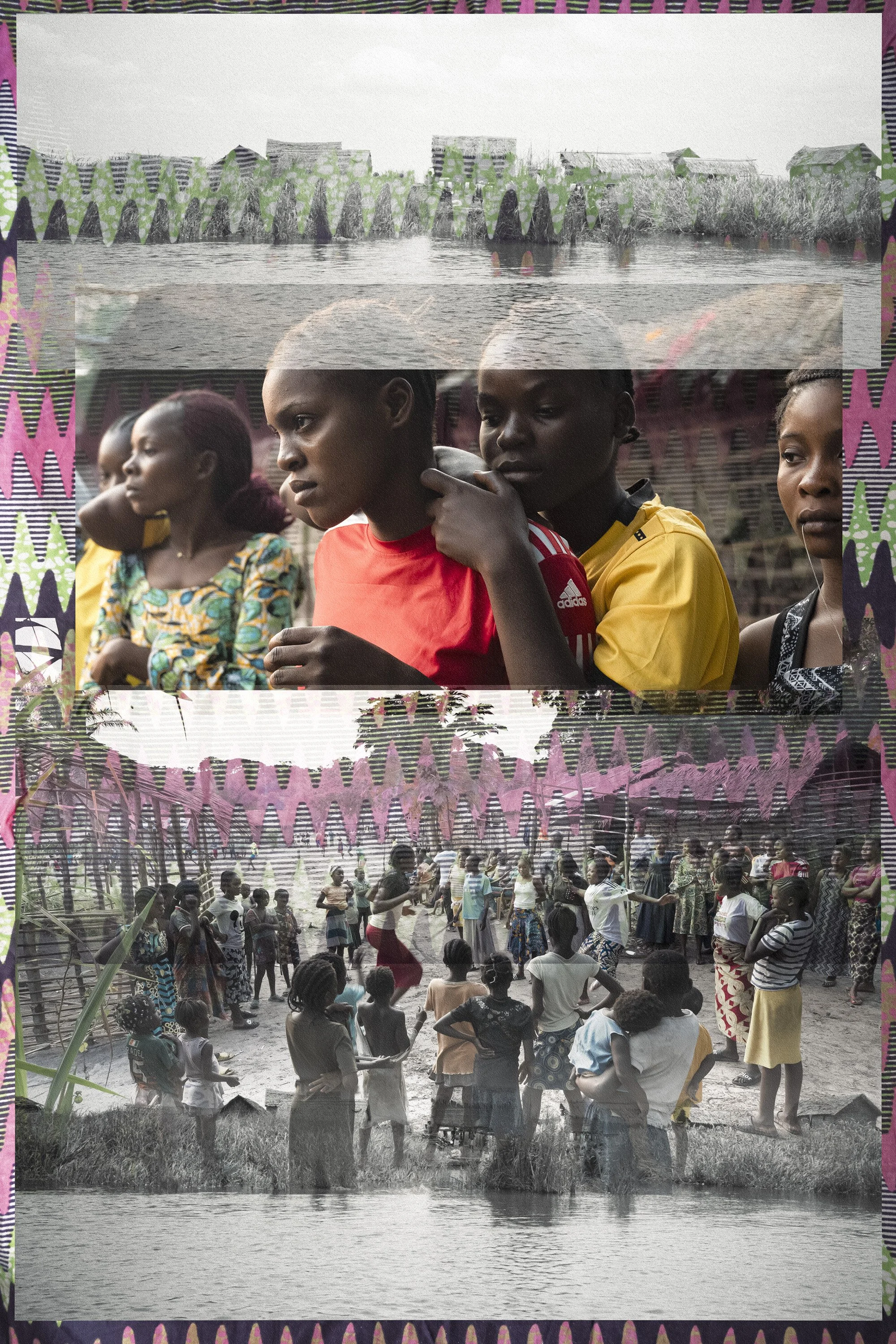 A community gathering by a body of water, with children and adults standing under a colorful decorative canopy made of pink, purple, black, and green patterned cloth. Some children are dressed in casual clothing, and some adults are engaged in activi