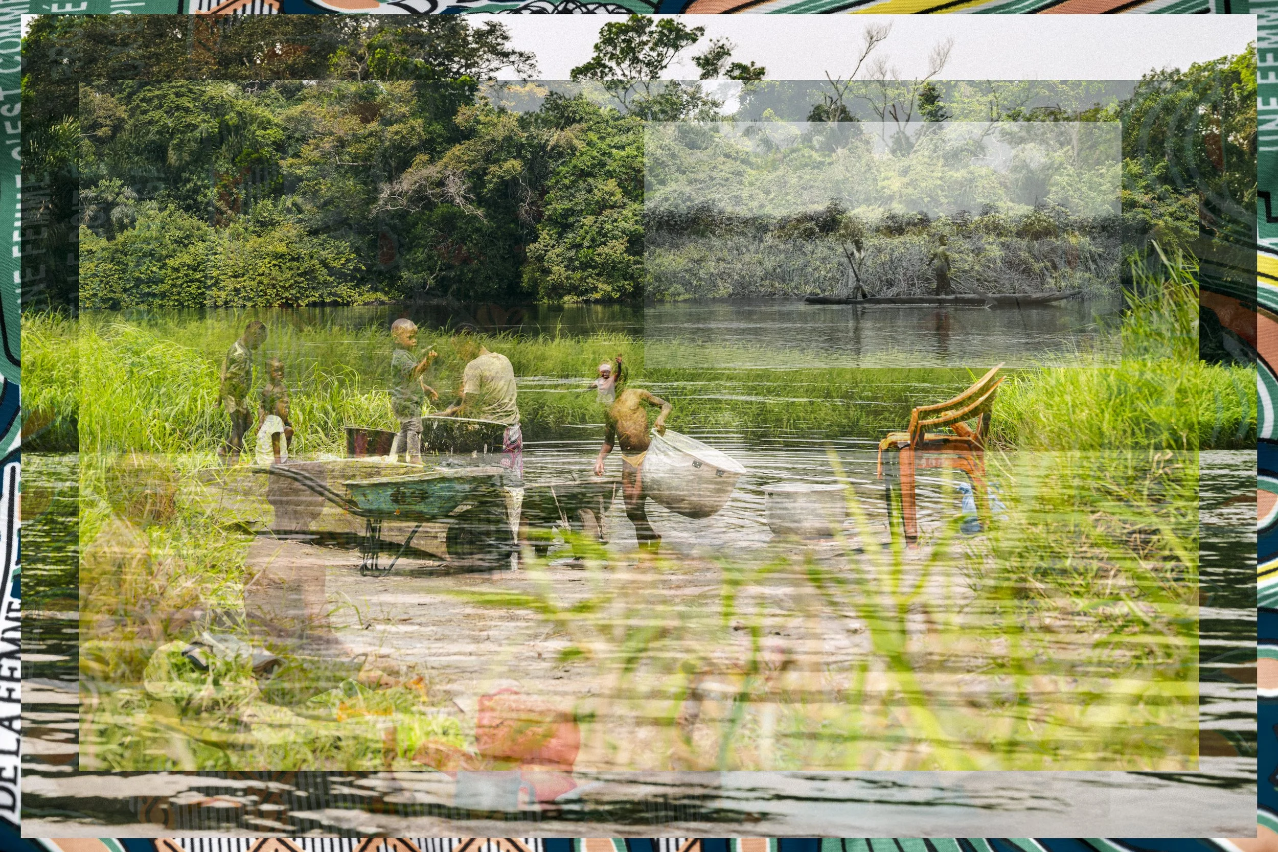 A group of children and an adult on a grassy riverbank, with trees in the background. Some children are in the water with a net and other objects; a canoe or boat is in the middle of the water. A chair and some equipment are also visible near the wat