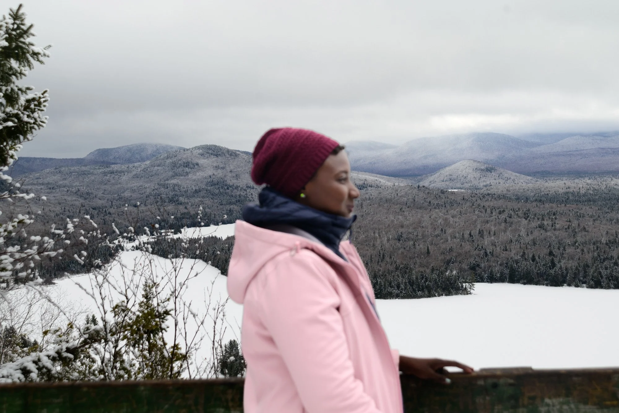 A woman wearing a pink jacket and maroon knit hat standing outdoors in a snowy landscape with mountains in the background.