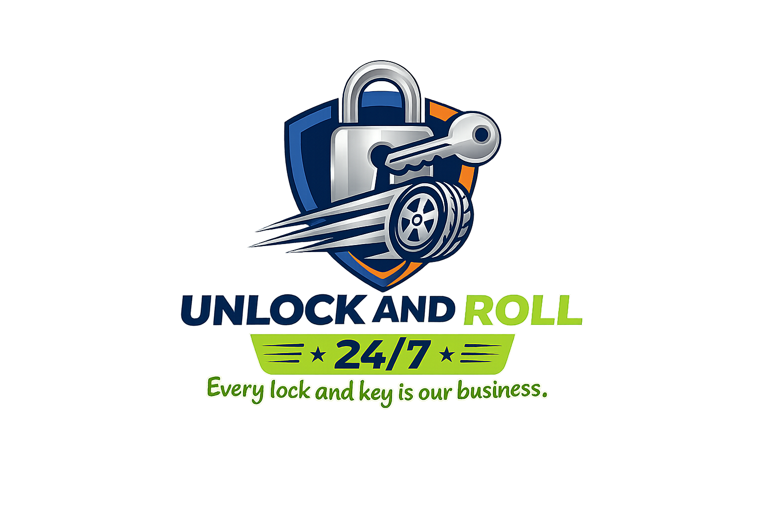 Logo of a locksmith service featuring a padlock, a key, and a speedometer. Text includes "Unlock and Roll," "24/7," and "Every lock and key is our business."