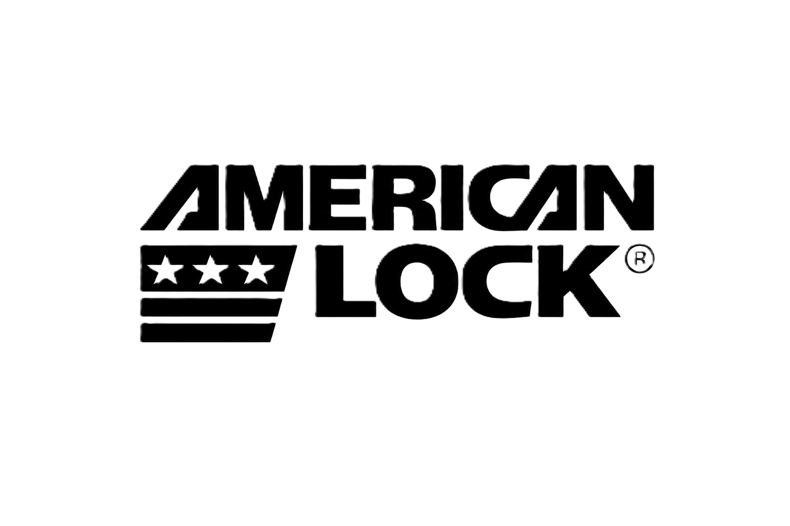 Black and white logo with the text "American Lock" and a stylized lock icon featuring three stars and horizontal stripes.