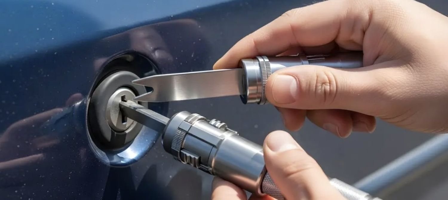 A person using a pick and lock sport lock to unlock a car door.