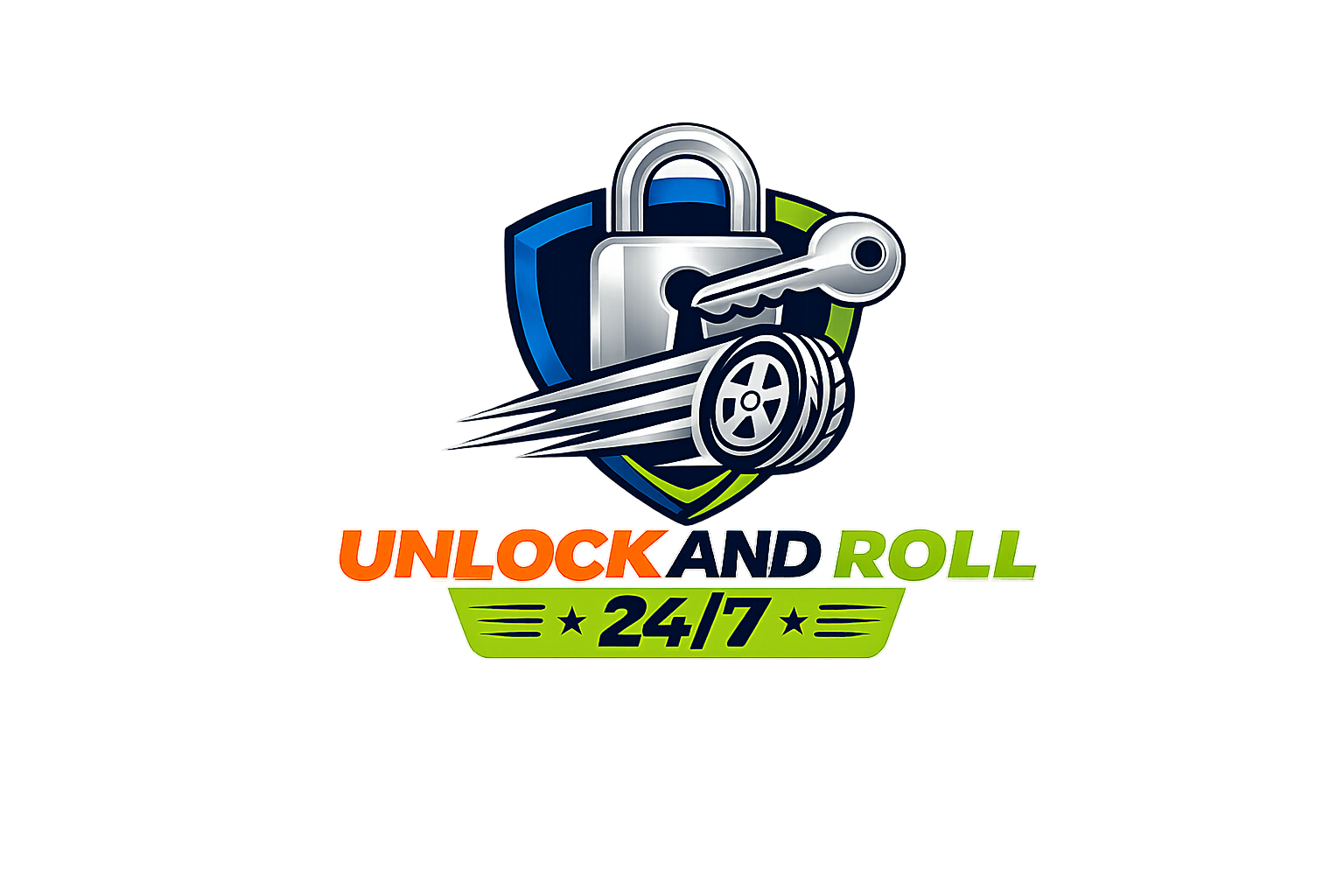 Logo for unlock and roll 24/7 service featuring a shield, a lock, and a roller, with text in orange, green, and black.