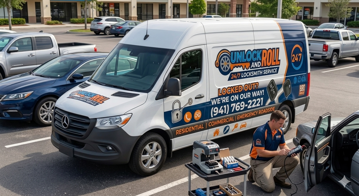 A locksmith technician kneeling next to a van in a parking lot, using a diagnostic device. The van has branding for Unlock and Roll locksmith service, advertising 24/7 emergency roadside lockout assistance. Several parked cars and a shopping plaza ar