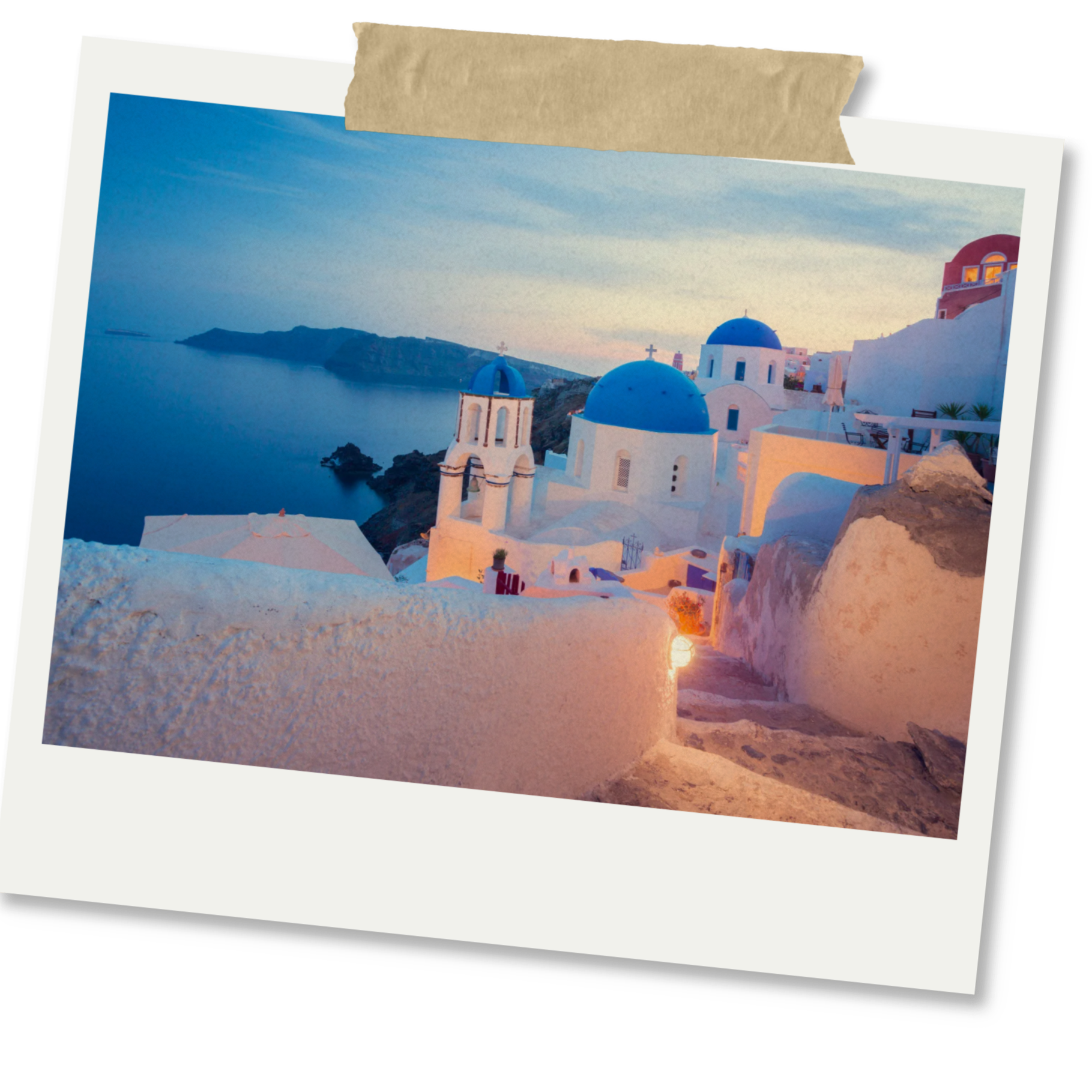 Photograph of Santorini, Greece at sunset showing white buildings with blue domes and the Aegean Sea in the background.