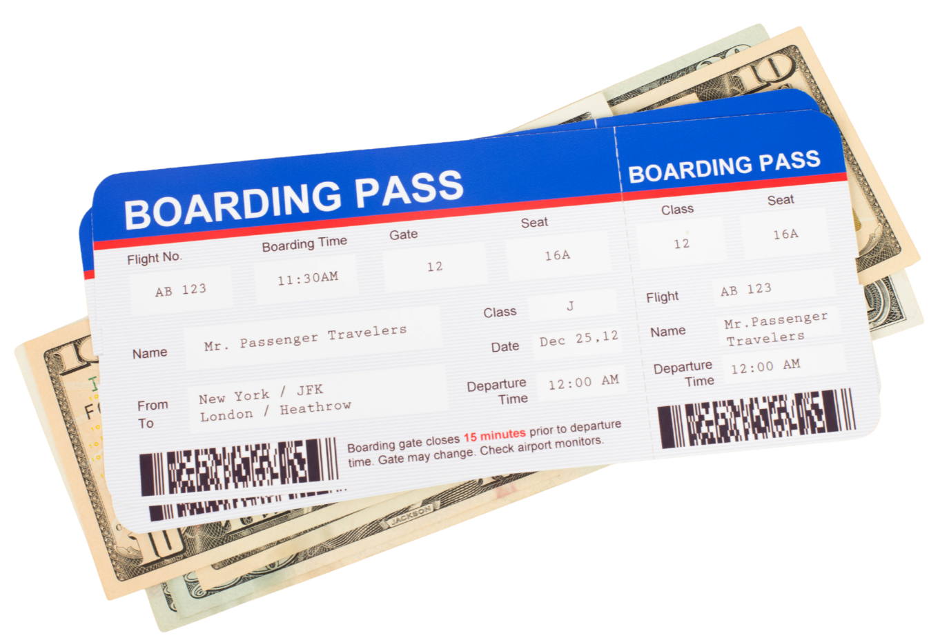 Airline boarding pass with cash behind it, showing flight details from New York to London on December 25, with a departure time of 12:00 AM.