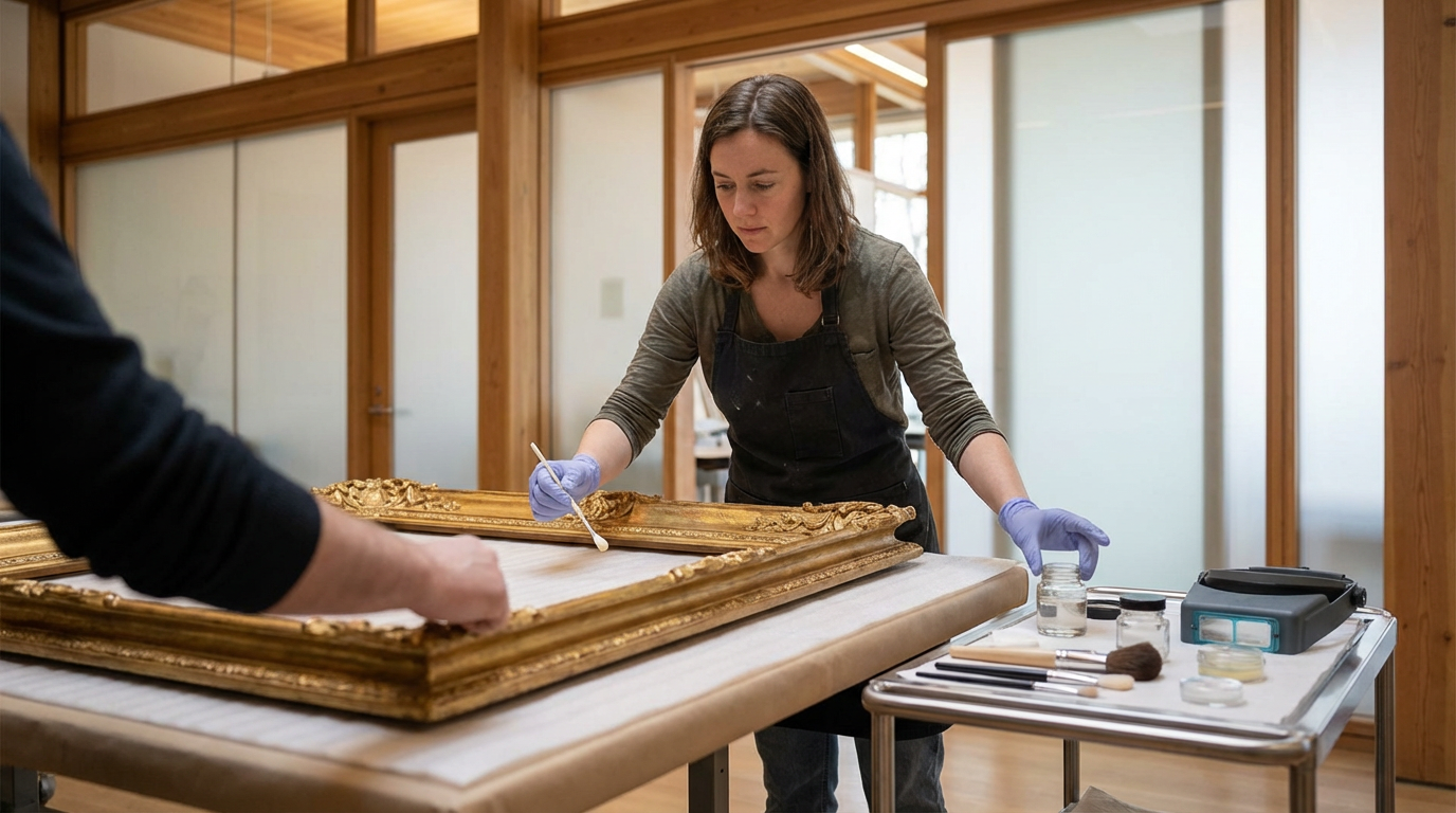 Woman cleaning an ornate gold picture frame in a conservation studio.