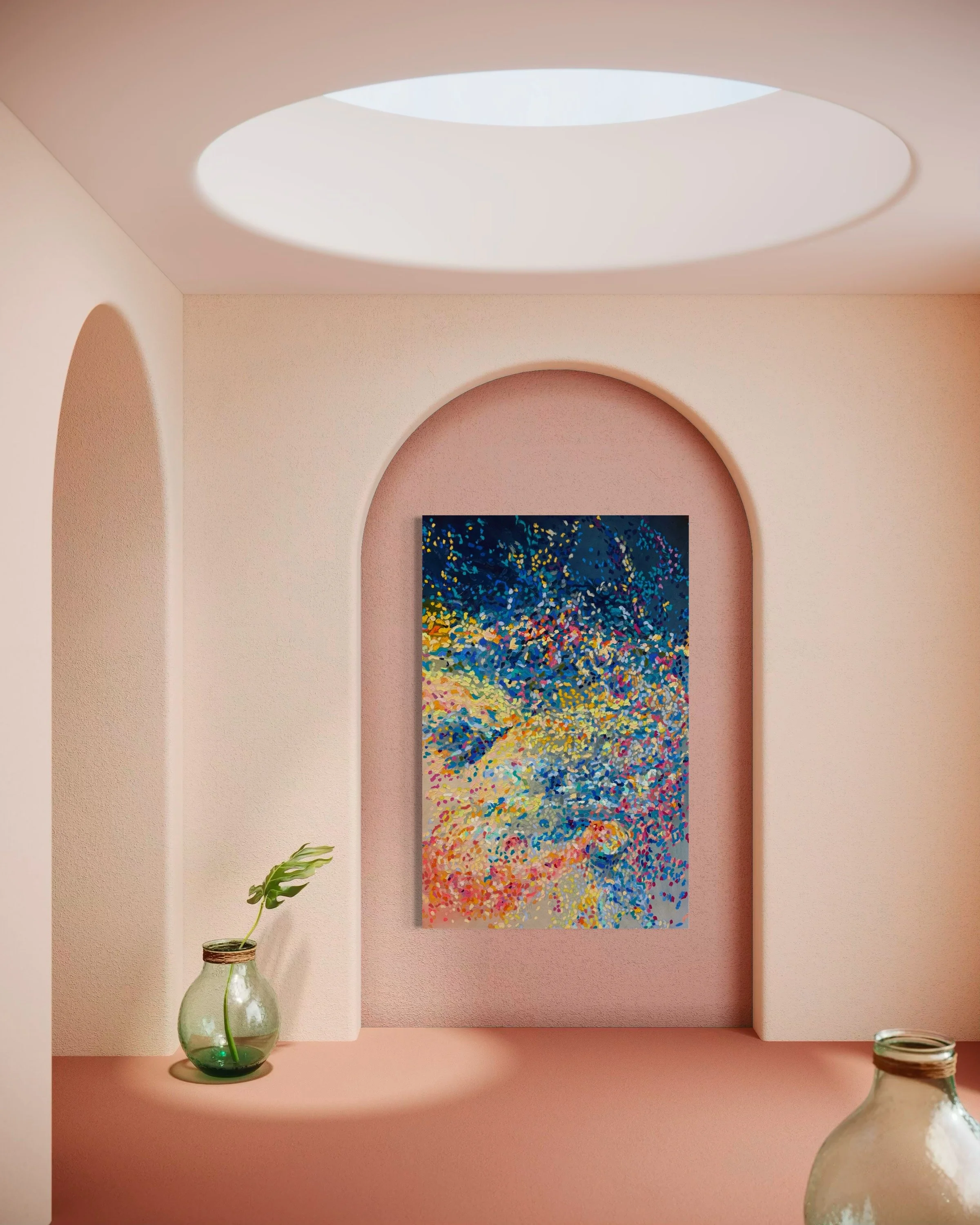 Interior room with pink walls and an abstract colorful painting on the wall. There are two glass vases, one on each side of the painting, with green leaves. A large circular cutout in the ceiling lets in natural light.