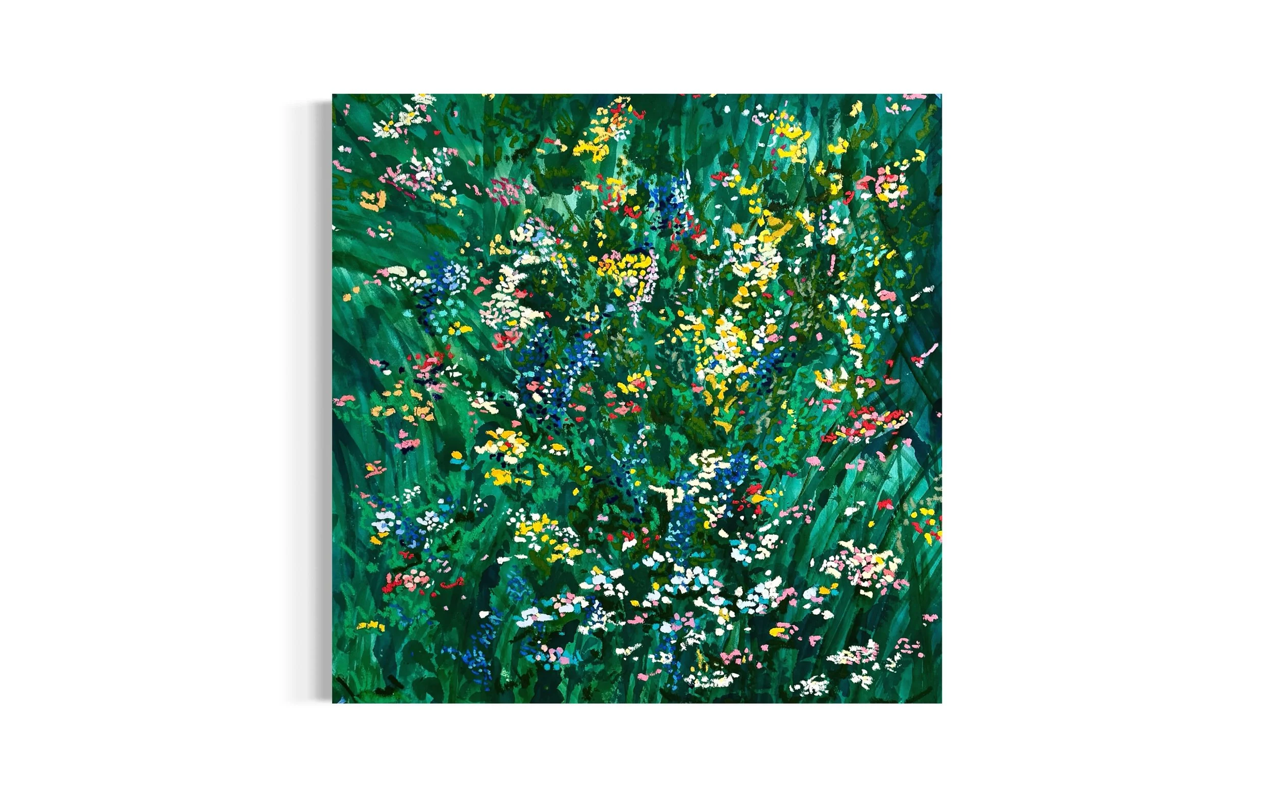 An abstract painting of a lush green garden filled with colorful flowers in shades of yellow, pink, white, blue, and red.