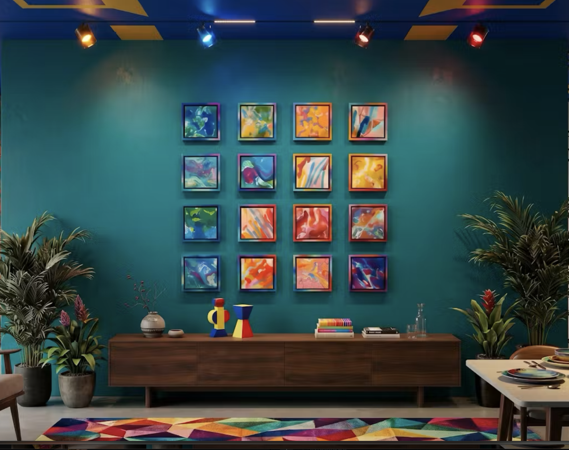 Colorful abstract paintings displayed on a teal wall in an art gallery with spotlights, a wooden sideboard with vases and books, surrounded by indoor plants, and a multicolored rug on the floor.