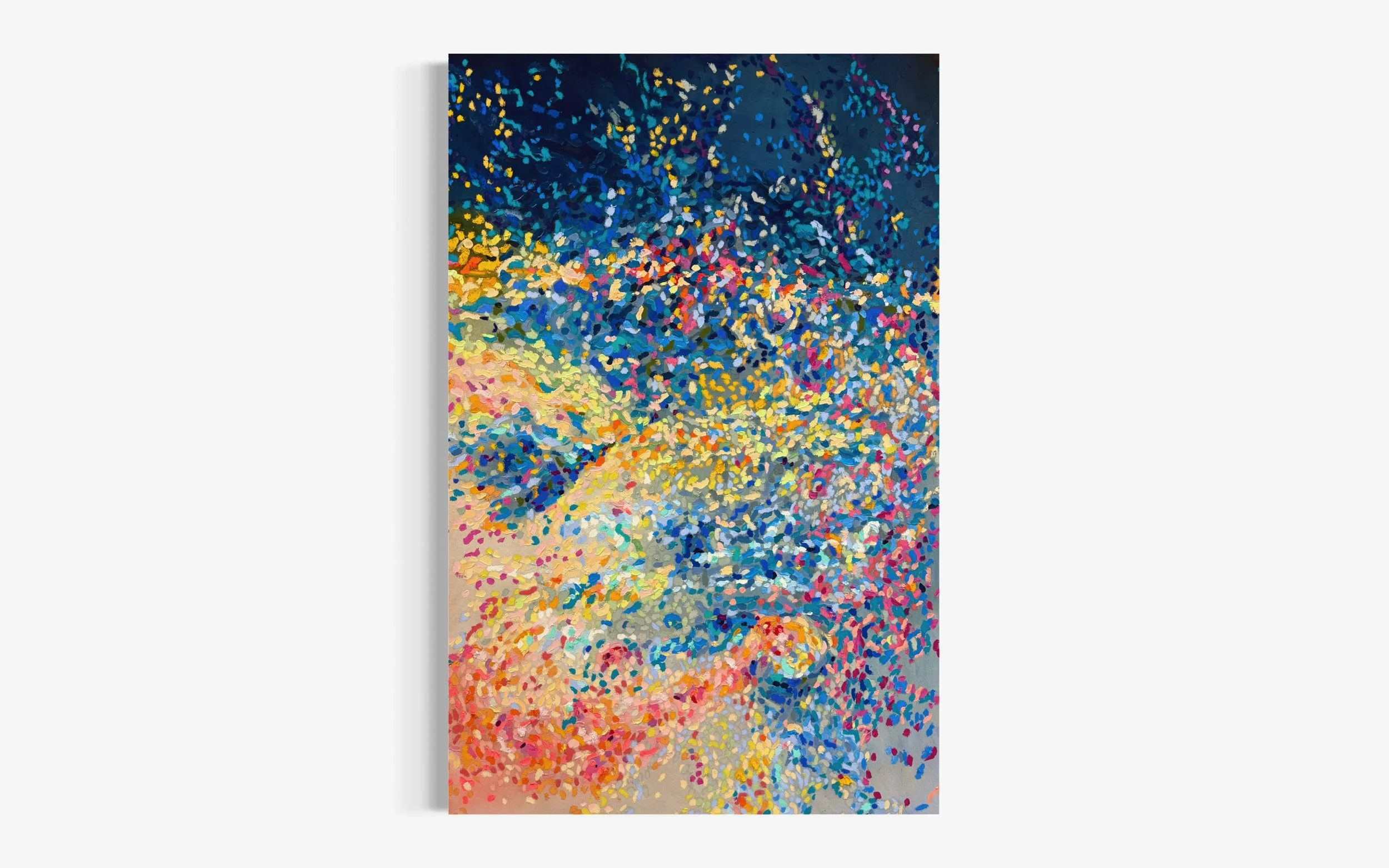 Abstract painting with vibrant splashes of blue, yellow, pink, orange, and green colors.