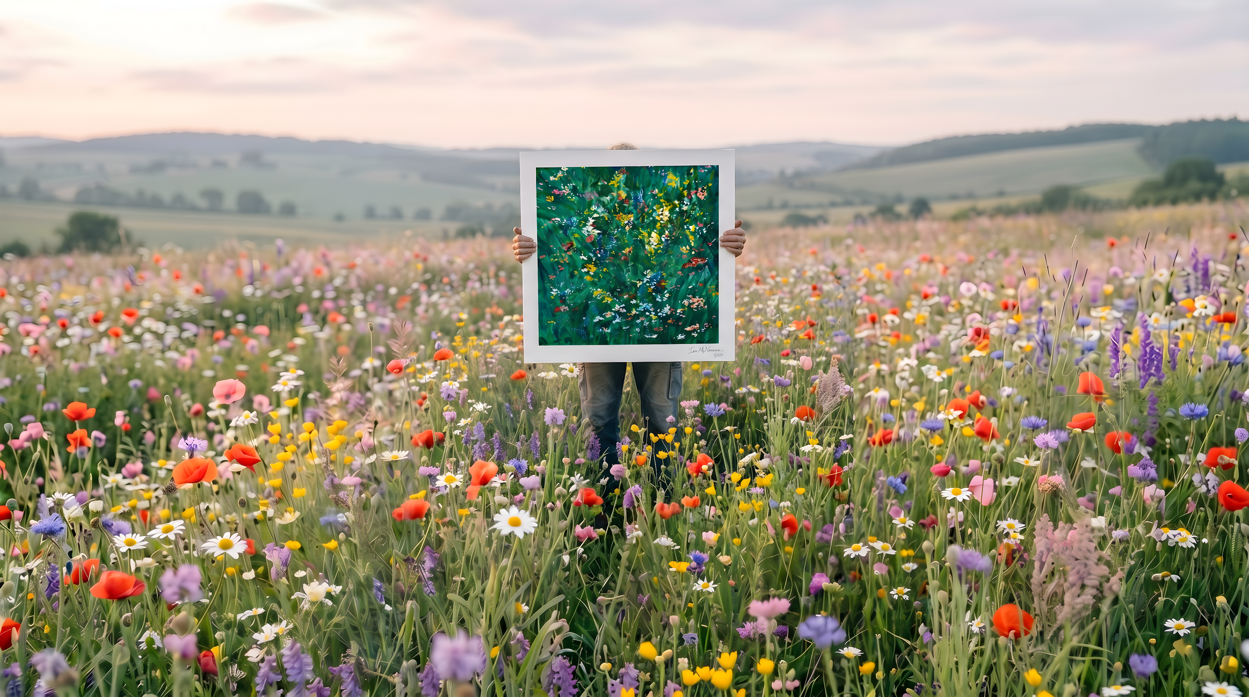 Person standing in a field of colorful wildflowers, holding up a framed painting of a similar field of flowers, with rolling hills and a cloudy sky in the background.
