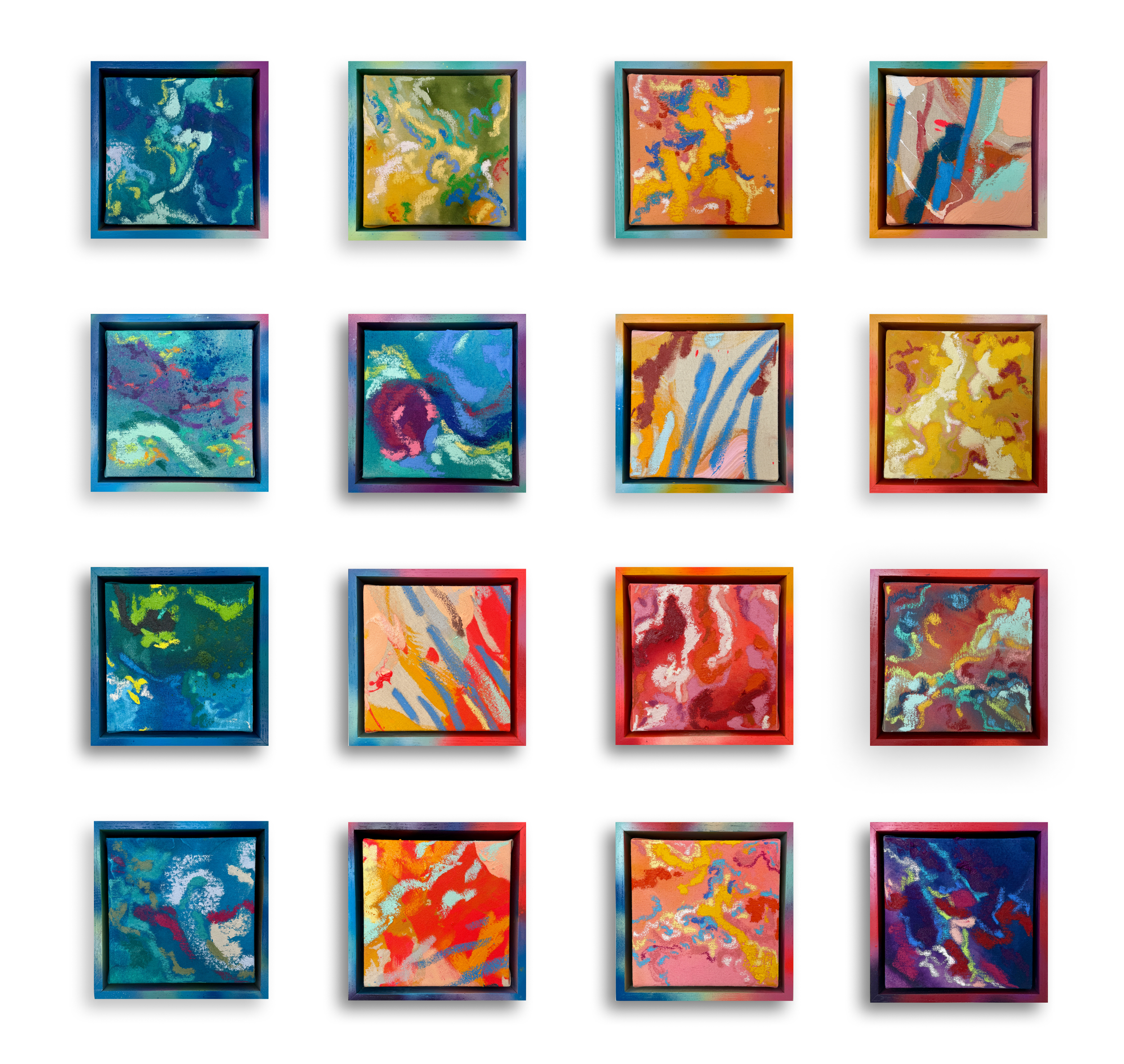 Colorful abstract paintings in square frames arranged in a grid.