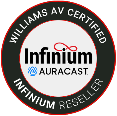 Williams AV Certified Infinium Auracast Reseller badge with a red, white, black, and blue design