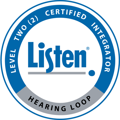 A circular certification badge with a blue and gray border. The inner circle contains the word 'Listen' in bold blue text. The outer ring states 'LEVEL TWO(2) CERTIFIED INTEGRATOR' at the top and 'HEARING LOOP' at the bottom.