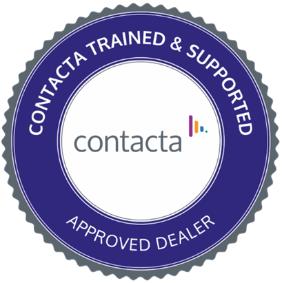A circular badge with a purple outer ring that reads "CONTACTA TRAINED & SUPPORTED" at the top and "APPROVED DEALER" at the bottom. Inside the badge, there is the Contacta logo, which includes the word "contacta" and a small colorful bar chart icon.
