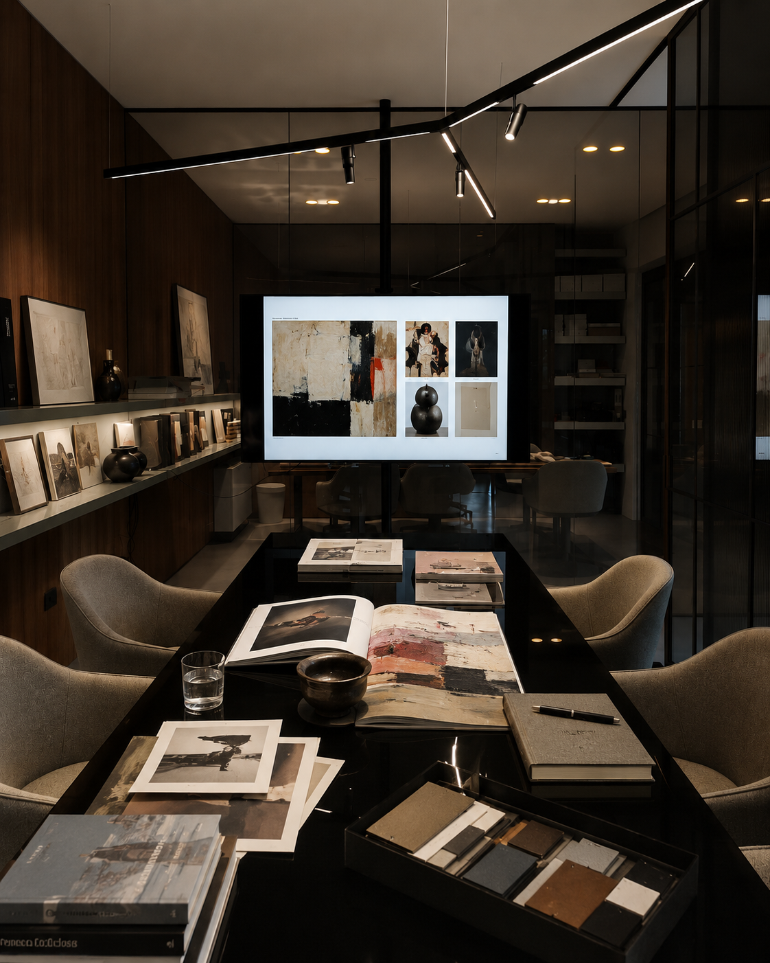 An art gallery or studio with framed artworks on shelves, a table with art books and color samples, and a digital monitor displaying artwork, all in a modern, dimly lit space.