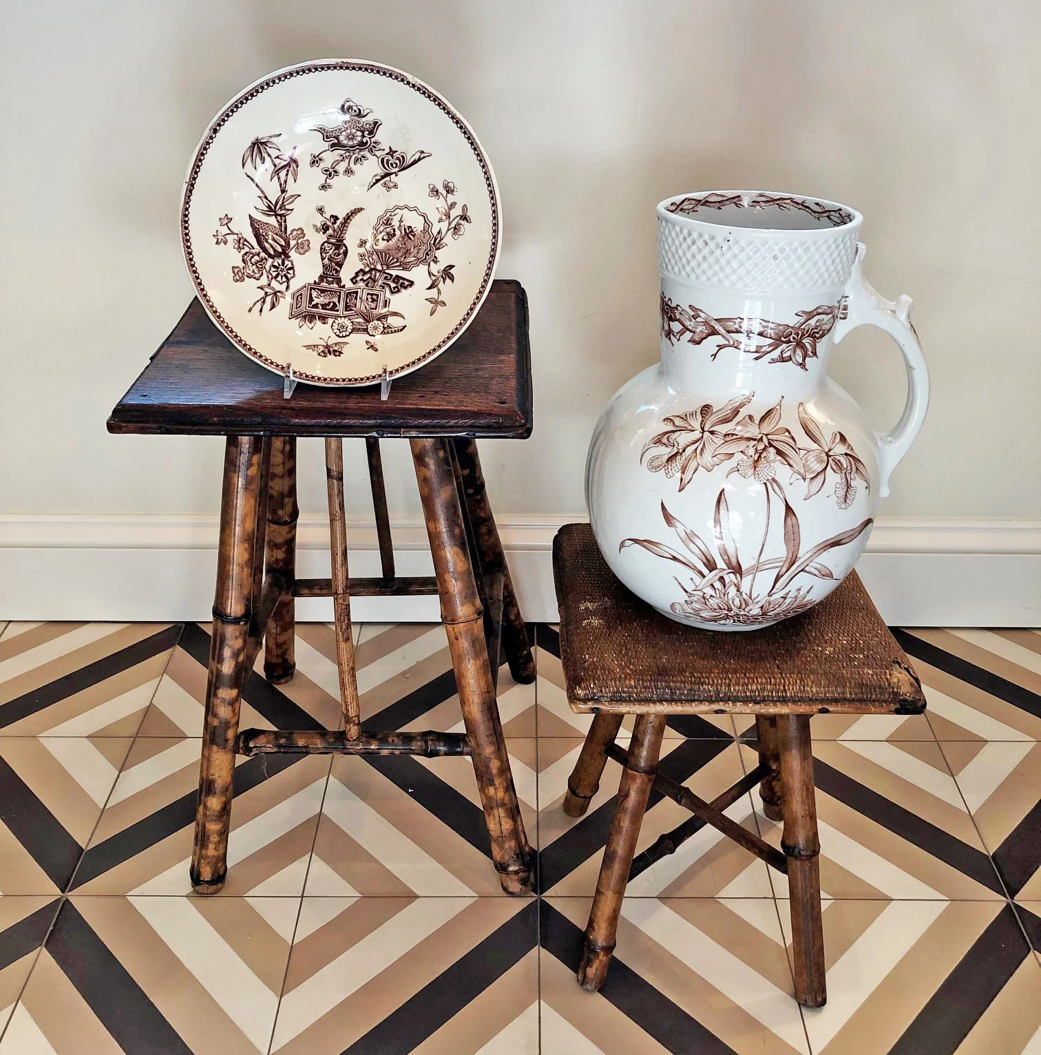 Two more tiny, antique bamboo tables I scored last week with pieces of Transferware available at our shop.