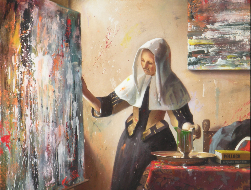 Ben Steele, “Painting with a Jug”.  Vermeer meets Pollock, painting within a painting, the context of it all is so outrageous but oh so fun.