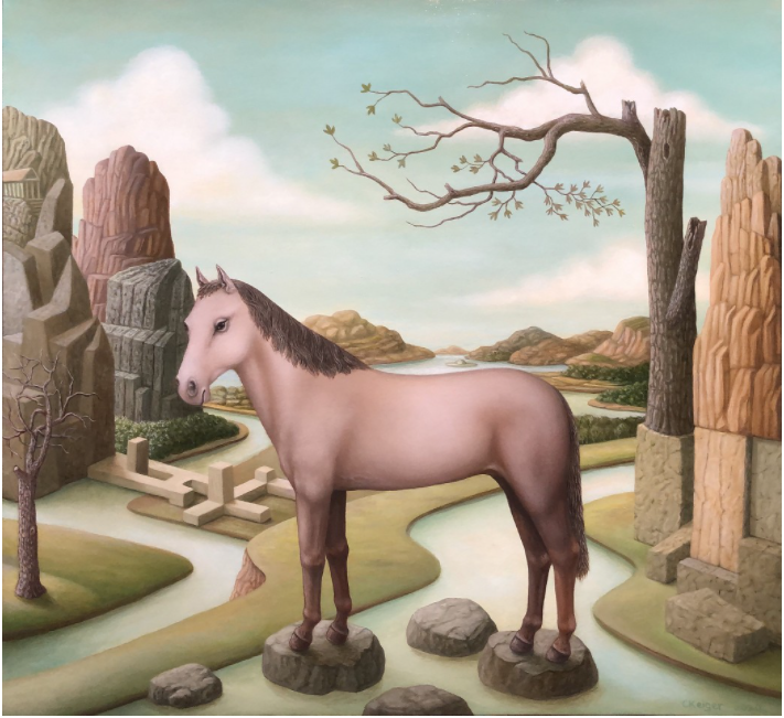 Charles Keiger, “The Pass”- anchored in symmetry, balancing on rocks on a body of water- so much to say about this.