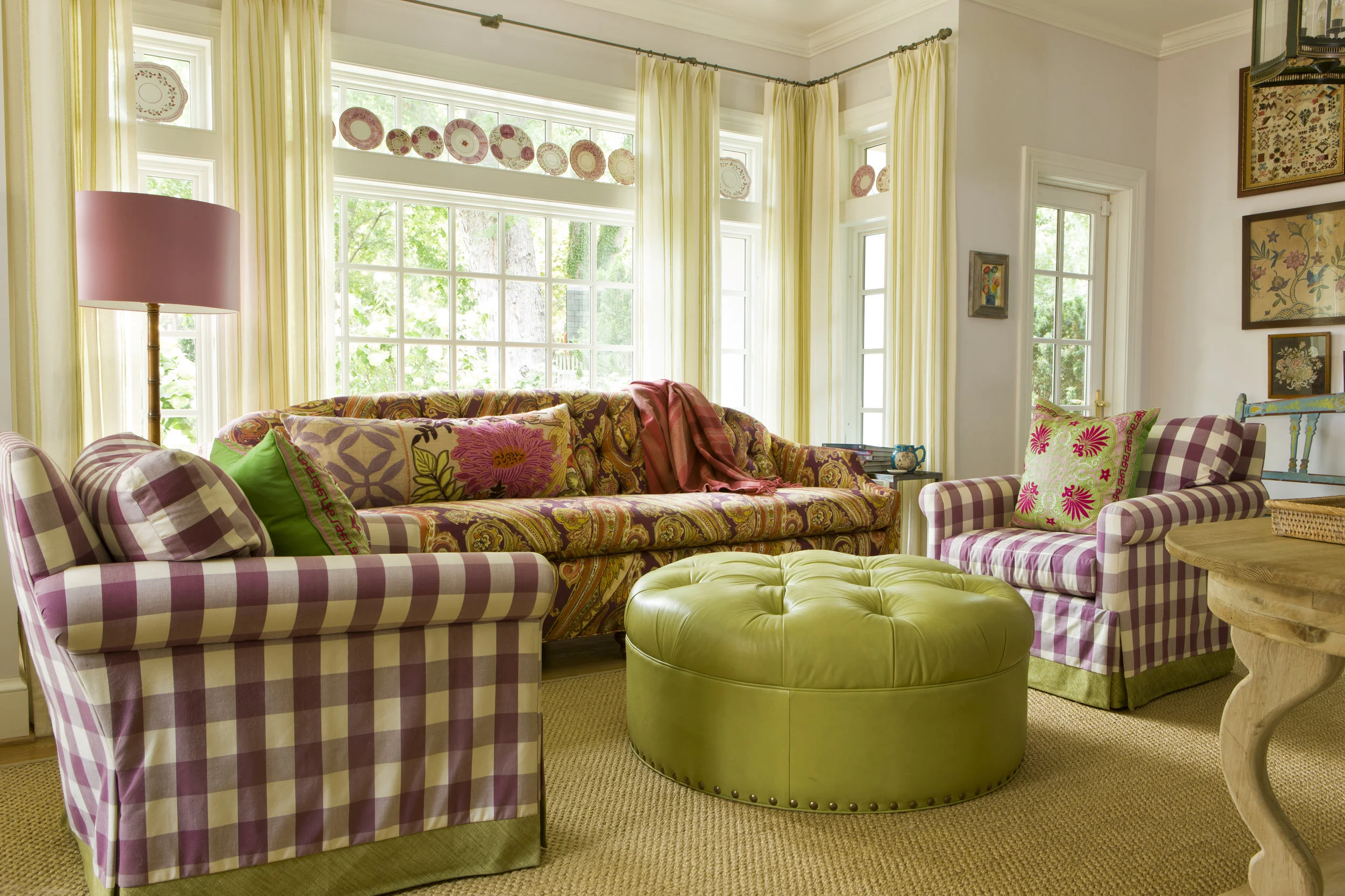 Purple gingham chairs add a a punch in this family’s sitting room.