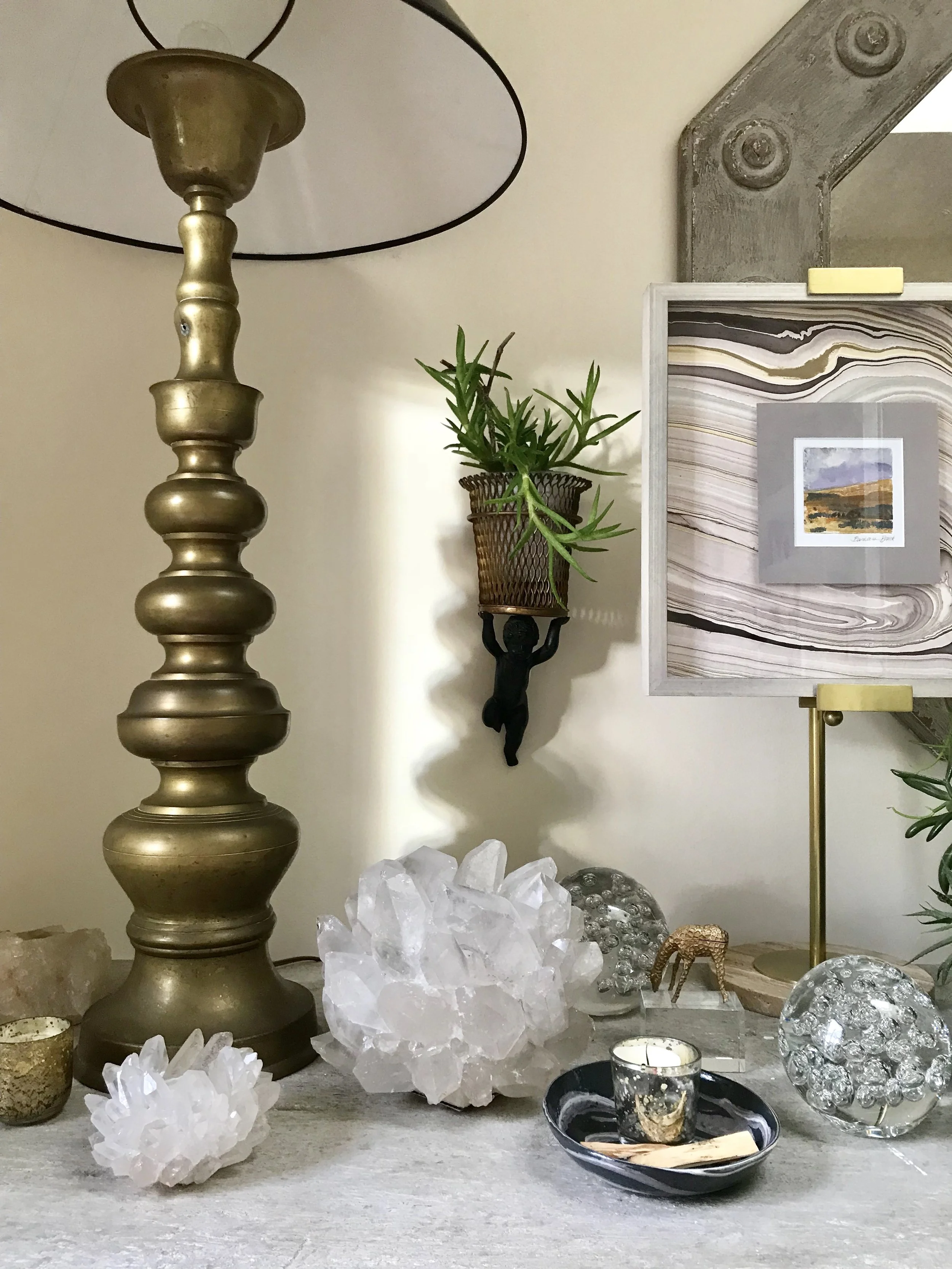 SCW Interiors Life Hacks Blog Post : The Healing Powers of Crystals. This is a special space in my home packed with all of my favorite things that inspire me.