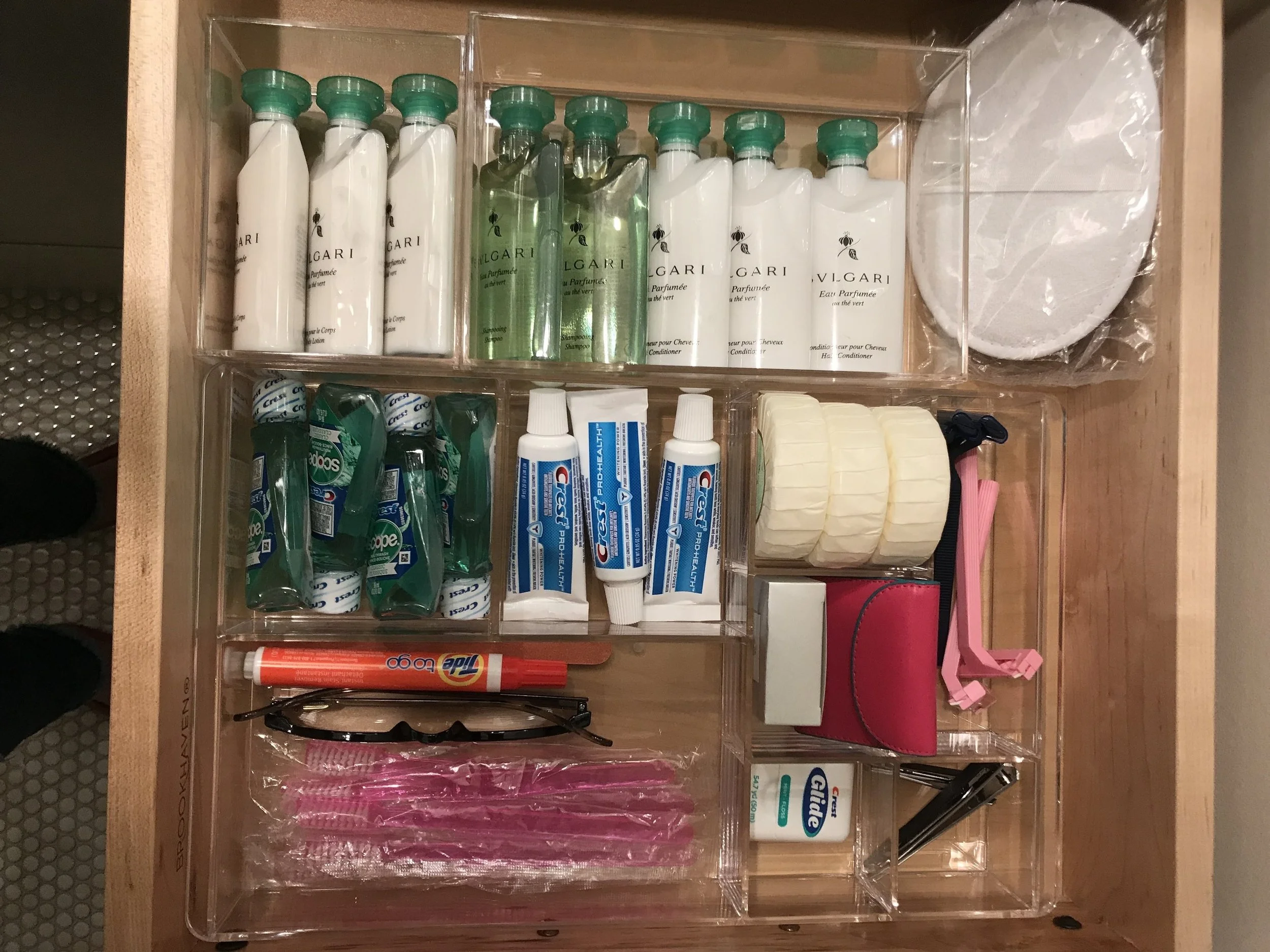SCW Interiors Life Hacks Blog Post : Guest Bedroom Remedies 101 including plenty of bath essentials like extra toothbrushes, a sewing kit and Shout wipes