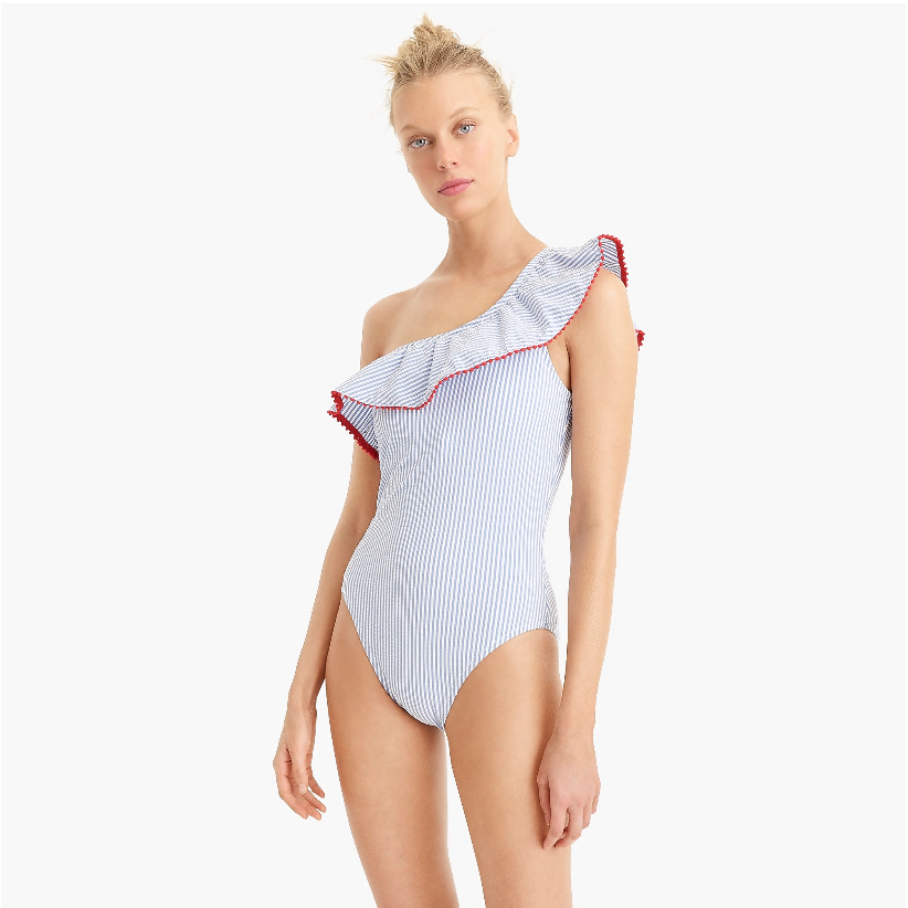 J.Crew - Ruffle One-Shoulder One-Piece Swimsuit in Seersucker with RickRack