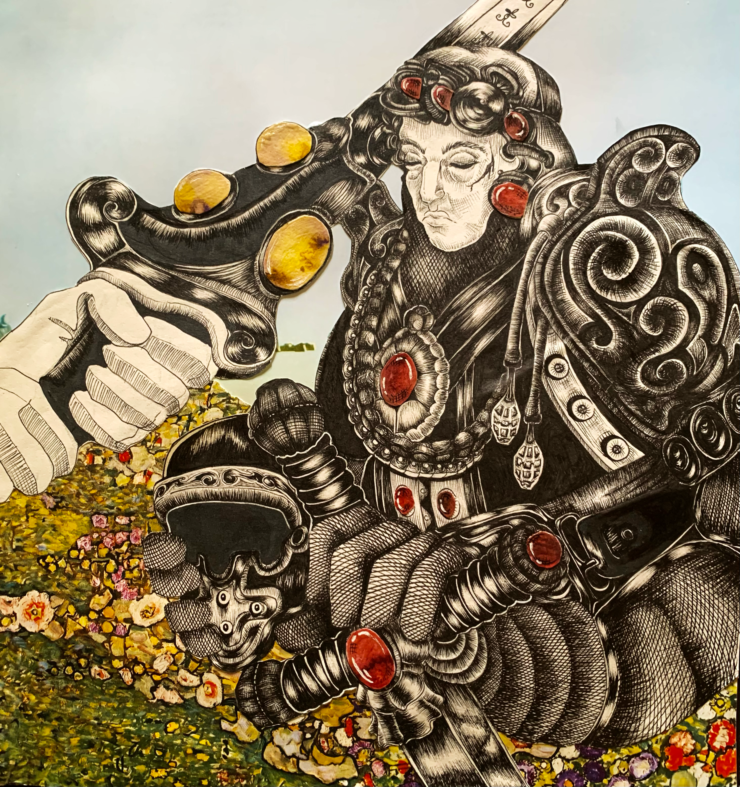 Knighthood (2024)
Ink, watercolor, and collage on paper
_" x _"