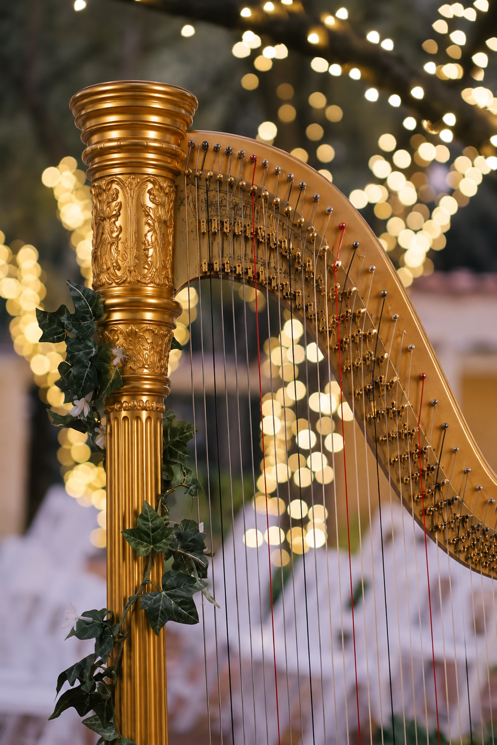 Gold concert harp decorated with ivy against warm fairy lights