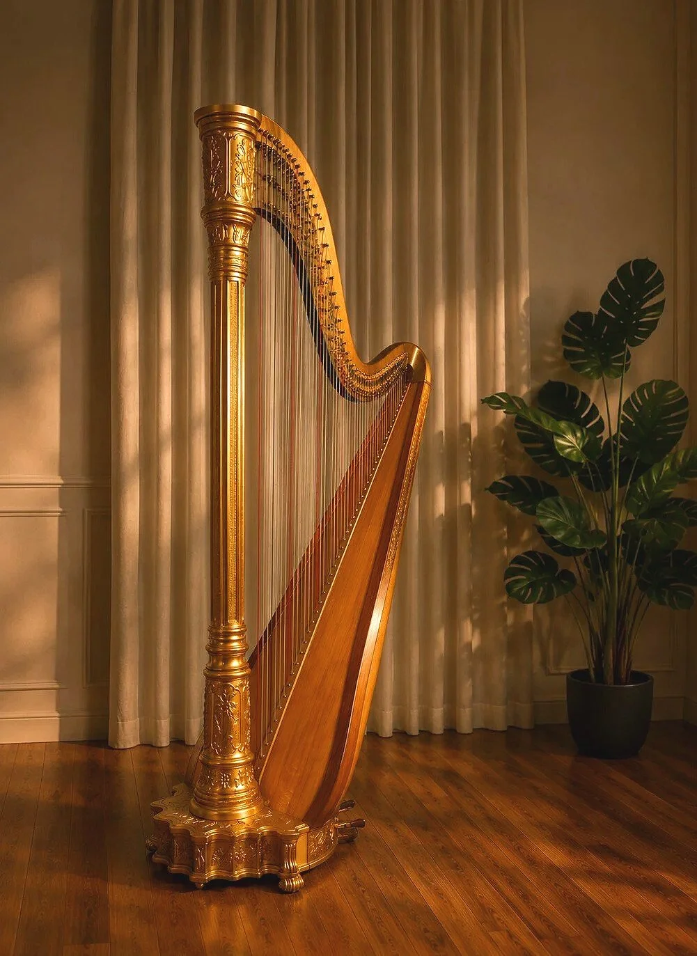 Ornate gold concert pedal harp in a warmly lit room