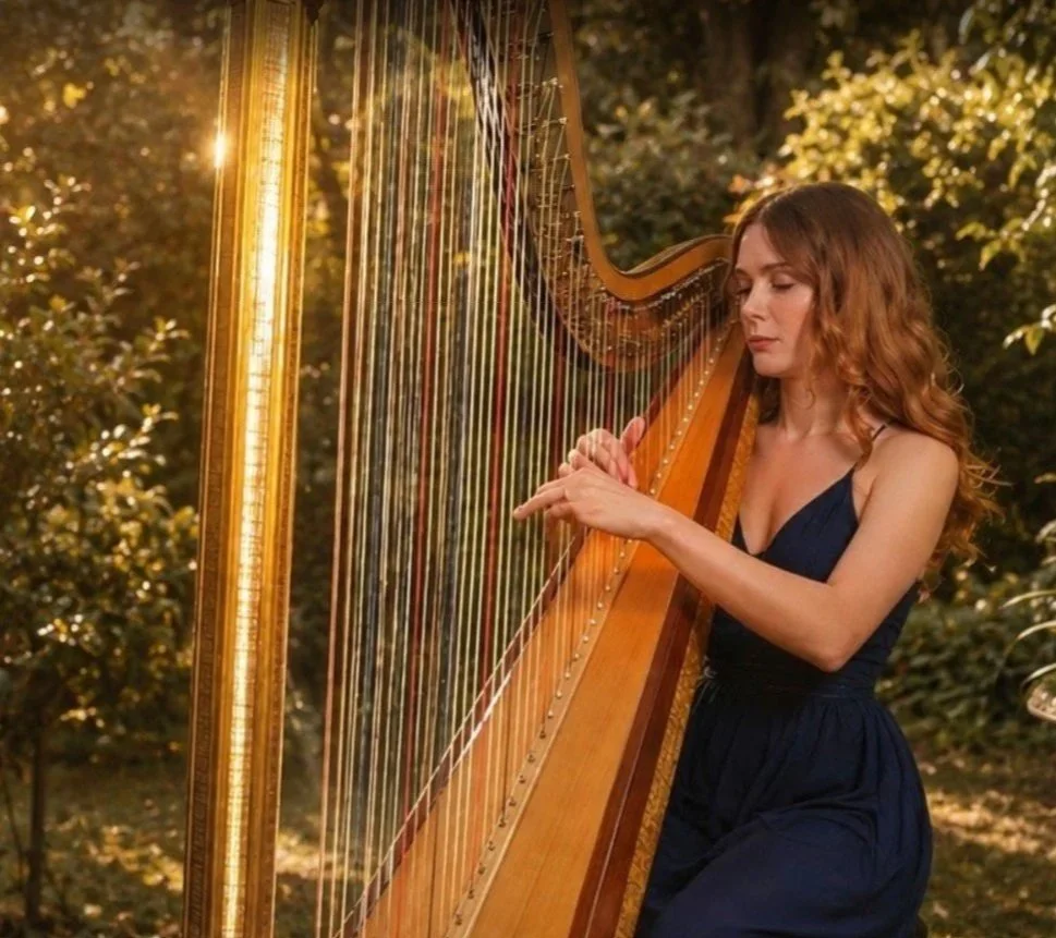 Jessica Holmlund playing her gold concert harp outdoors in a navy gown