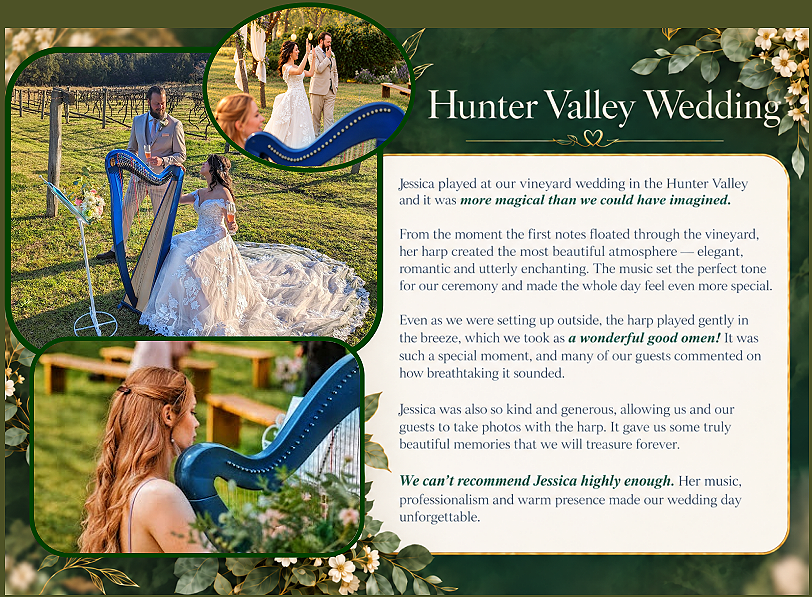 Hunter Valley wedding testimonial featuring Jessica Holmlund with her blue harp