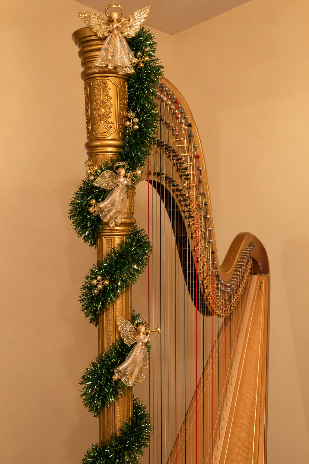 Gold concert harp decorated with Christmas garland and gold angels